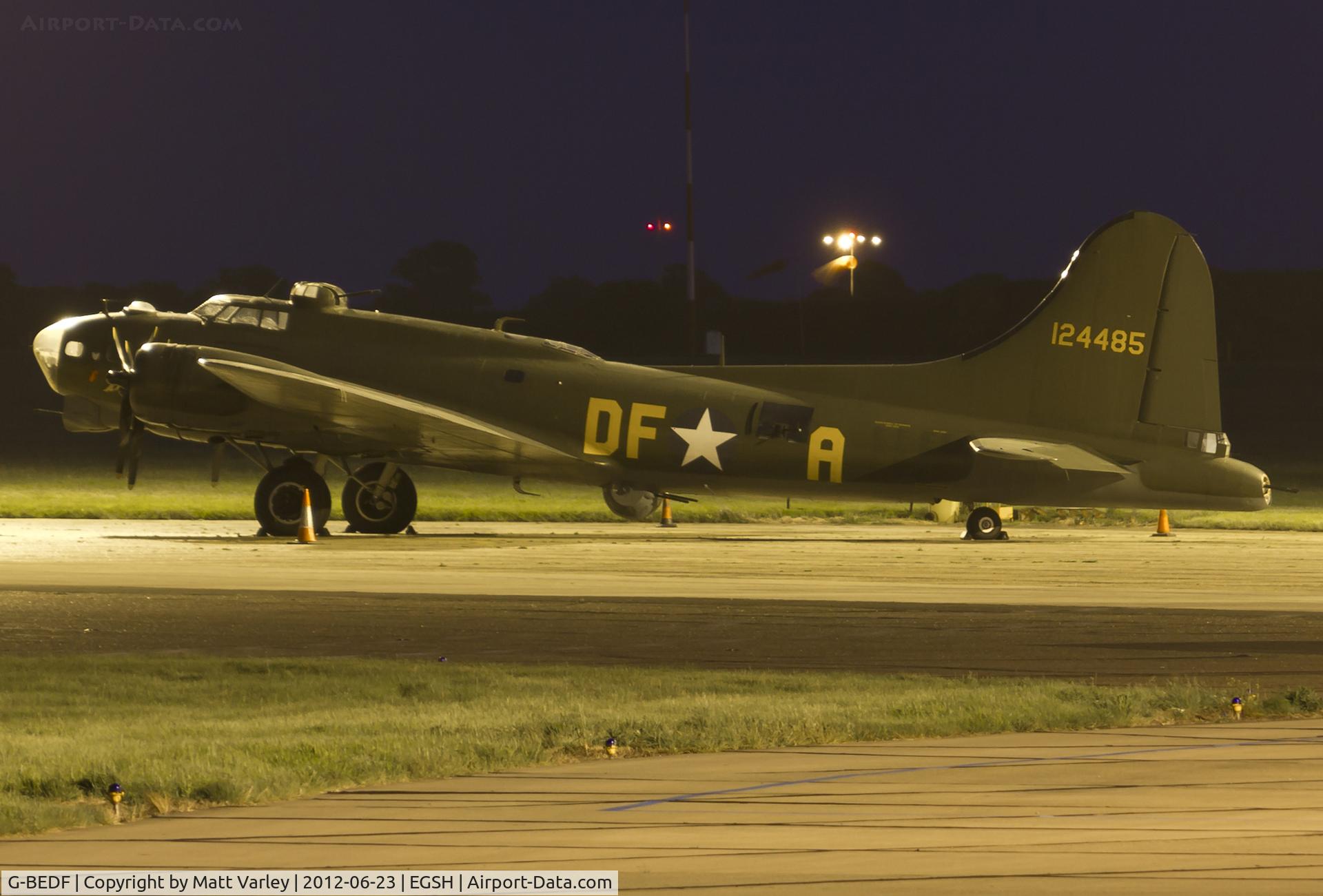 G-BEDF, 1944 Boeing B-17G Flying Fortress C/N 8693, Sat under the floodlight at EGSH.