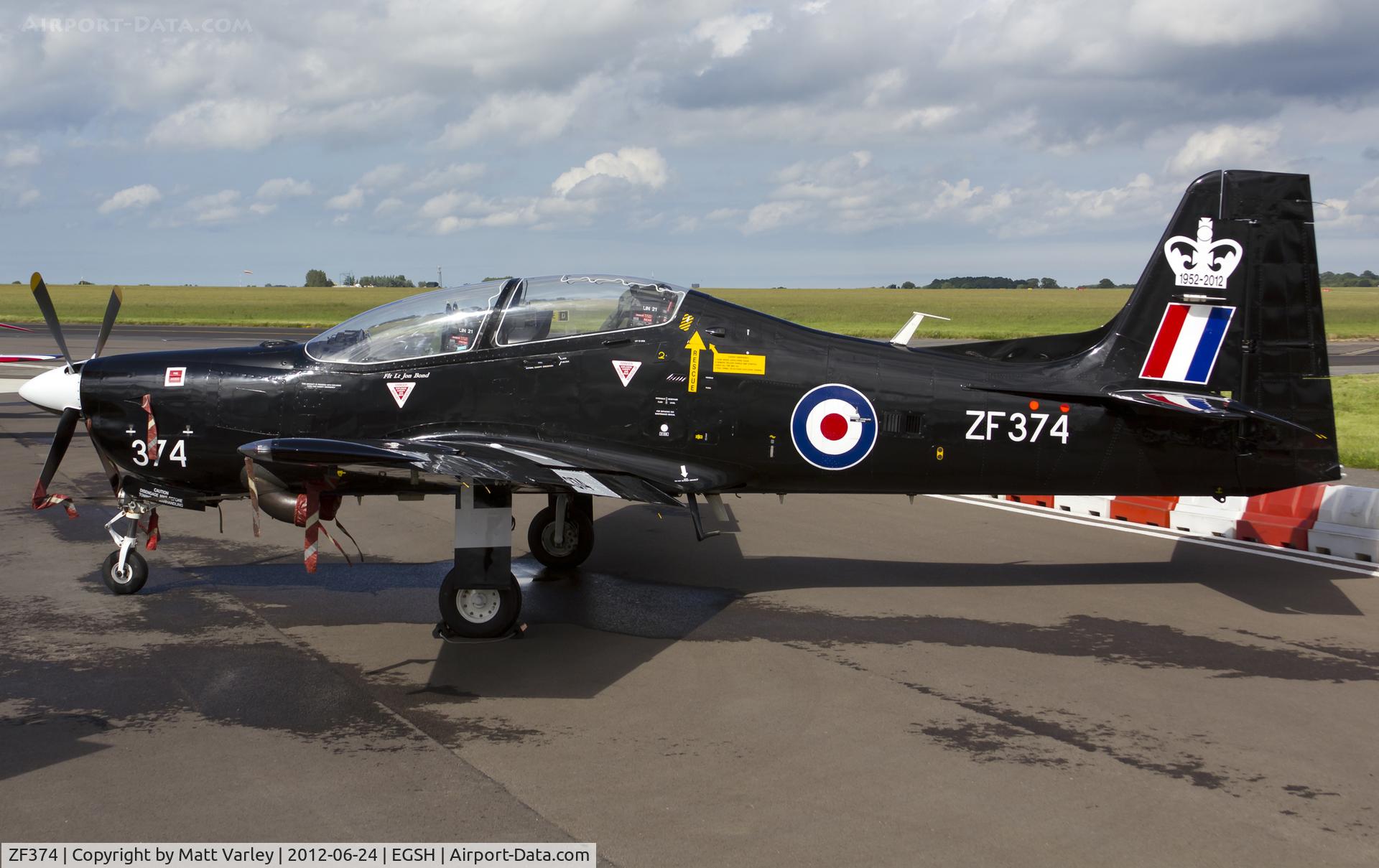 ZF374, 1992 Short S-312 Tucano T1 C/N S117/T88, Twister 1 sat on stand at SaxonAir.