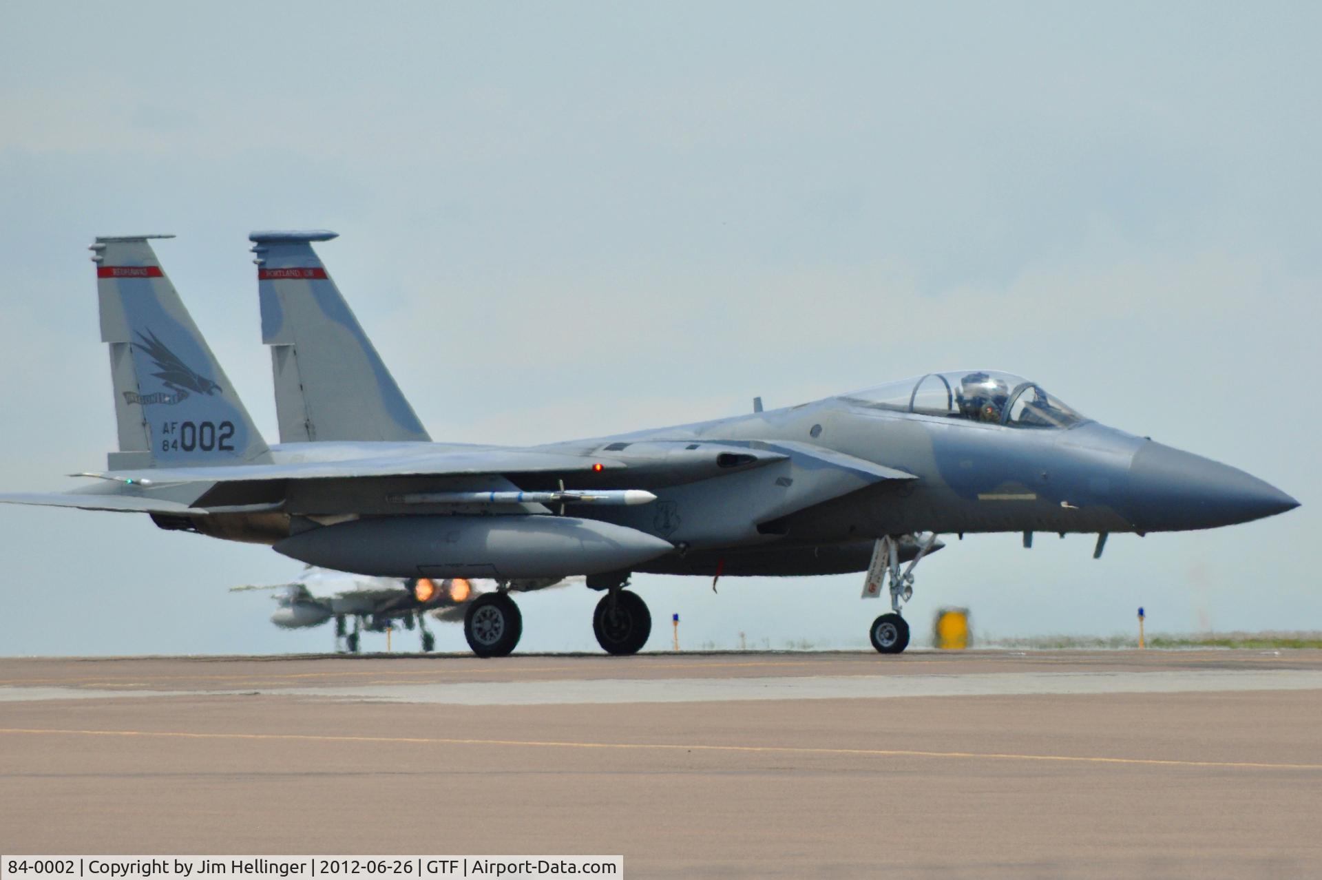 84-0002, 1984 McDonnell Douglas F-15C Eagle C/N 0910/C305, 123rd FS (Oregon ANG) F-15C Eagle taxiing to runway 21 at GTF