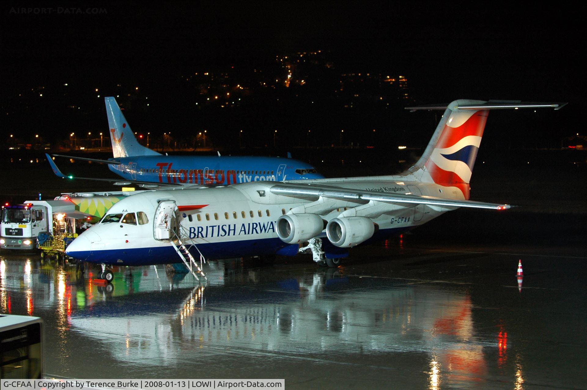 G-CFAA, 2000 British Aerospace Avro 146-RJ100 C/N E3373, A very wet Ramp. (Published in Innsbruck  Airport