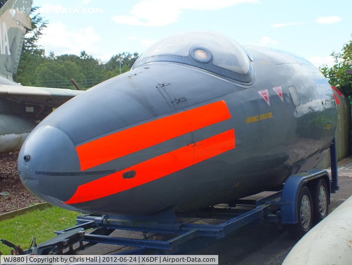 WJ880, 1955 English Electric Canberra T.4 C/N 71360, This much travelled Canberra served with 104 Sqn, 56 Sqn, 100 Sqn, 85 Sqn and 7 Sqn. It then move to 1 SoTT, it was cut up in 1976 and the nose is now preserved at the Dumfries & Galloway Aviation Museum