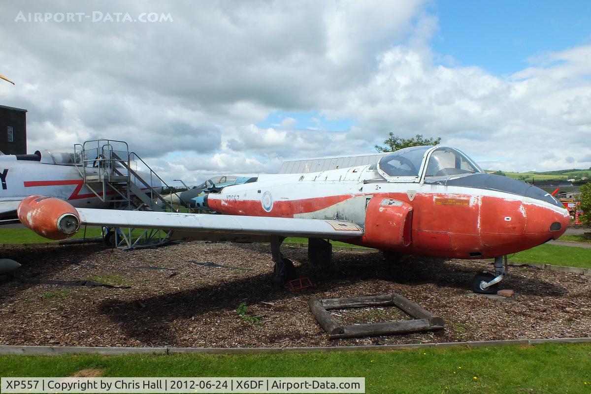 XP557, 1962 BAC 84 Jet Provost T.4 C/N PAC/W/14144, First delivered to the RAF at Cranwell then to 6 FTS at Finningley and SoRF at Leeming. after retirement from RAF service it has been displayed at the South Yorkshire Air Museum and Bomber County Aviation Museum before moving to Dumfries