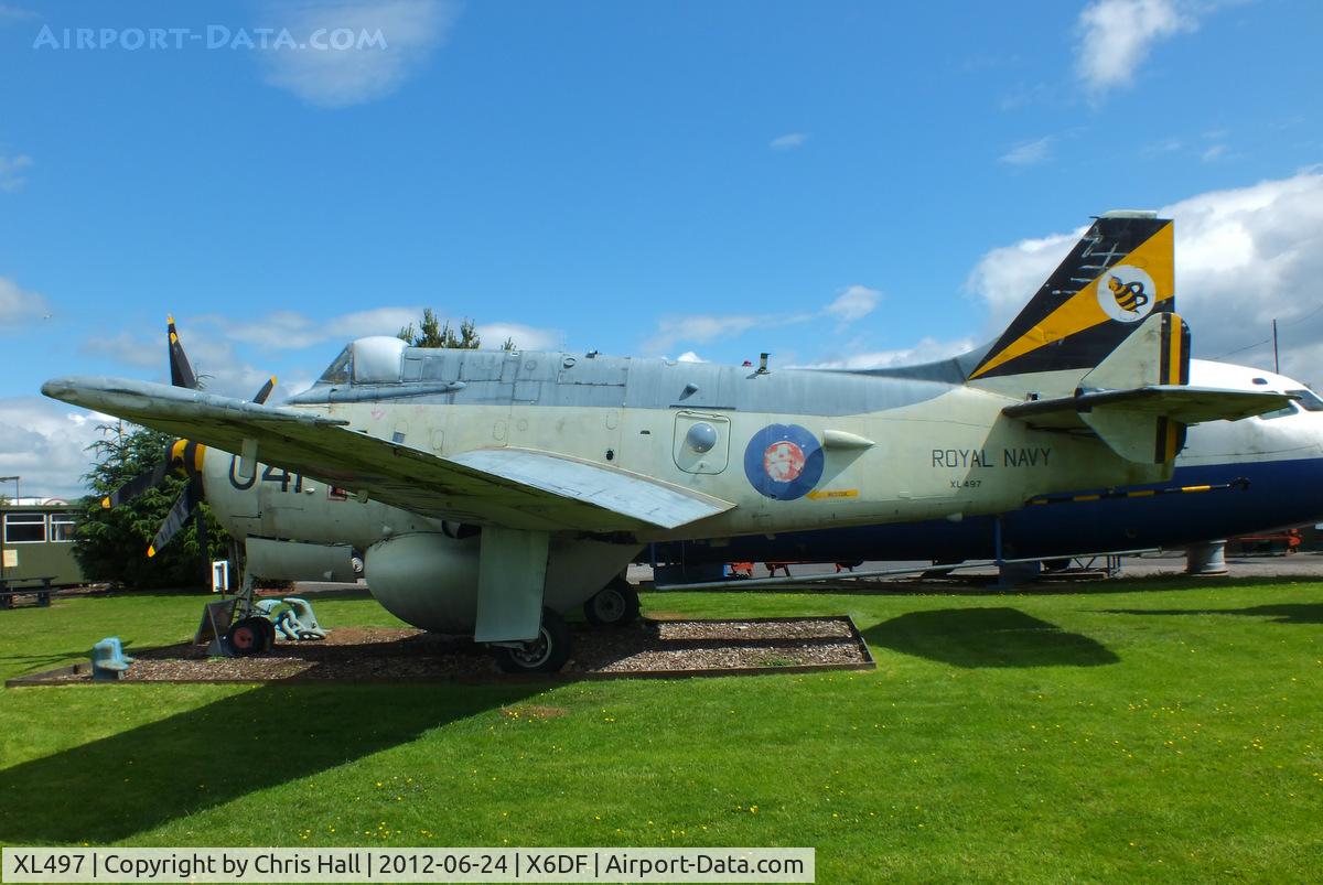 XL497, 1960 Fairey Gannet AEW.3 C/N F9456, XL497 first entered service with the Royal Navy in 1960 served on Hermes, Ark Royal, Victorious, Centaur and Eagle. Her last flight was from RAF Lossiemouth in 1978 and she was the gate guardian at HMS Gannet, Prestwick until June 1990