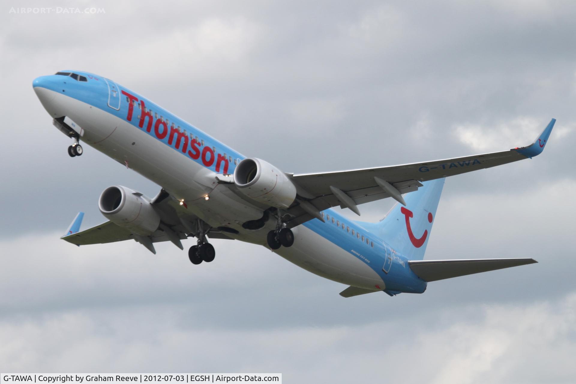 G-TAWA, 2012 Boeing 737-8K5 C/N 37264, Departing from Norwich.