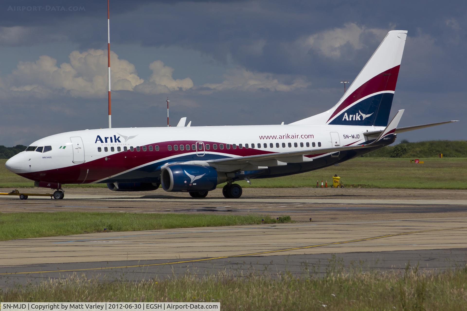 5N-MJD, 2007 Boeing 737-7BD C/N 36073, Being towed to stand 7 ready for departure.