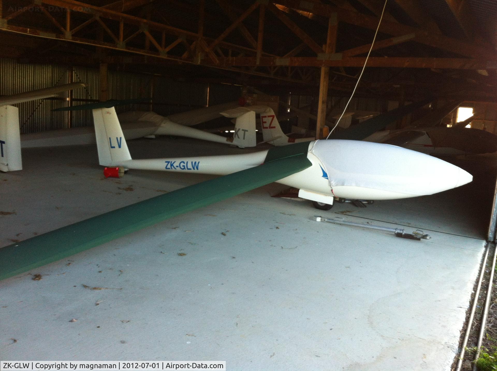 ZK-GLW, Glaser-Dirks DG-300 Elan C/N 3E491, In one of numerous hangers (only one open when I visited) ex N303LV hence the LV on tail which here in New Zealand is normally the last two letters of ZK-G** registration. Guess that is why it has full reg on side which is not normal. Great gliding club t