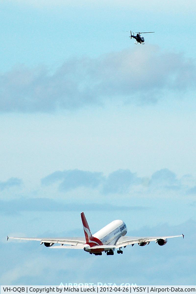 VH-OQB, 2008 Airbus A380-842 C/N 015, The chopper was equipped with an external camera and followed the entire take-off run and take-off right above the A380. Exciting to watch...