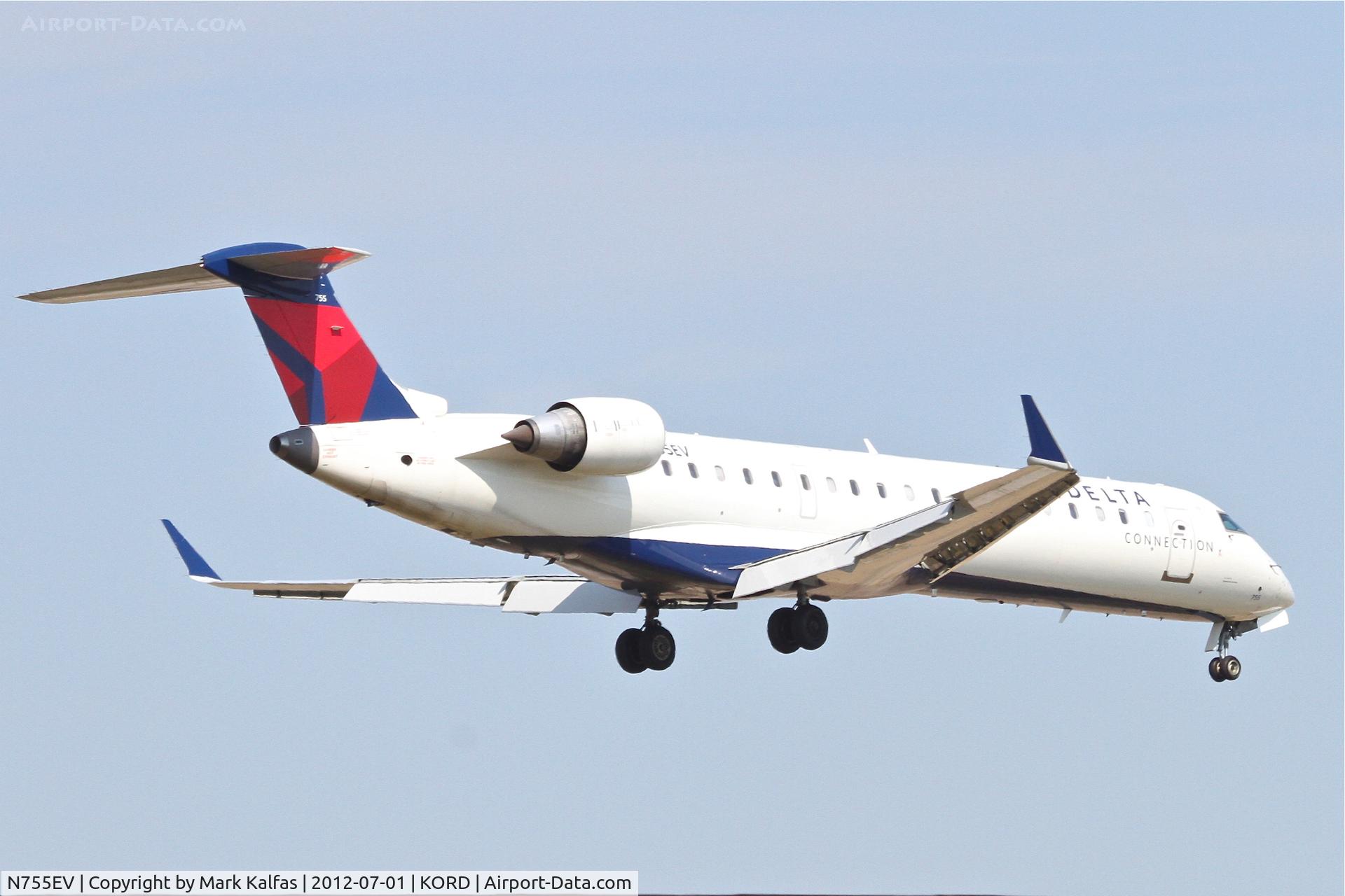 N755EV, Bombardier CRJ-701 (CL-600-2C10) Regional Jet C/N 10185, ExpressJet/Delta Connection Bombardier CL-600-2C10,
ASQ5391 arriving from KCVG, arriving RWY 14R KORD.
