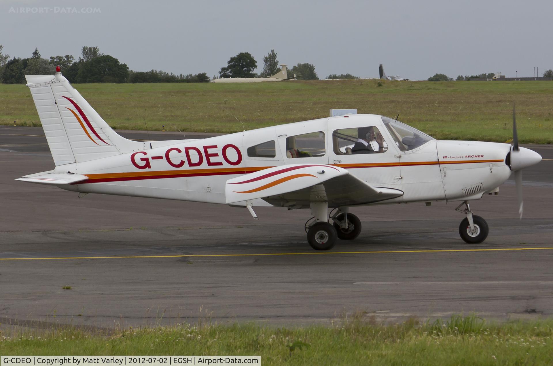 G-CDEO, 1974 Piper PA-28-180 Cherokee Archer C/N 28-7405011, Departing SaxonAir.
