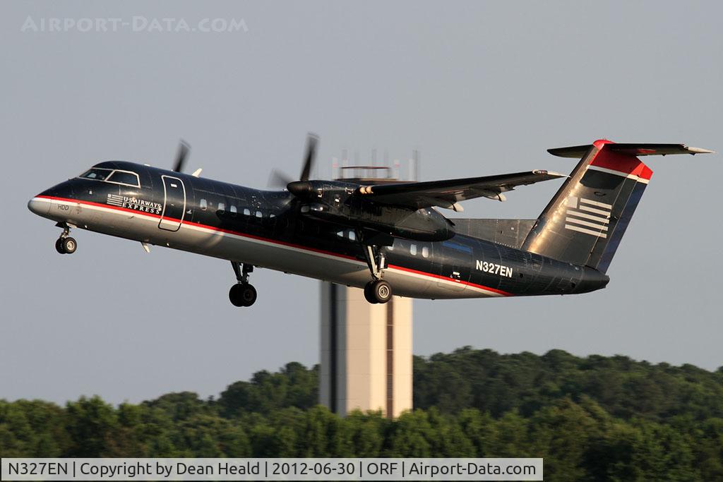 N327EN, 1991 De Havilland Canada DHC-8-311 Dash 8 C/N 261, US Airways Express (Piedmont Airlines) N327EN (FLT PDT4108) climbing out from RWY 5 en route to Philadelphia Int'l (KPHL).
