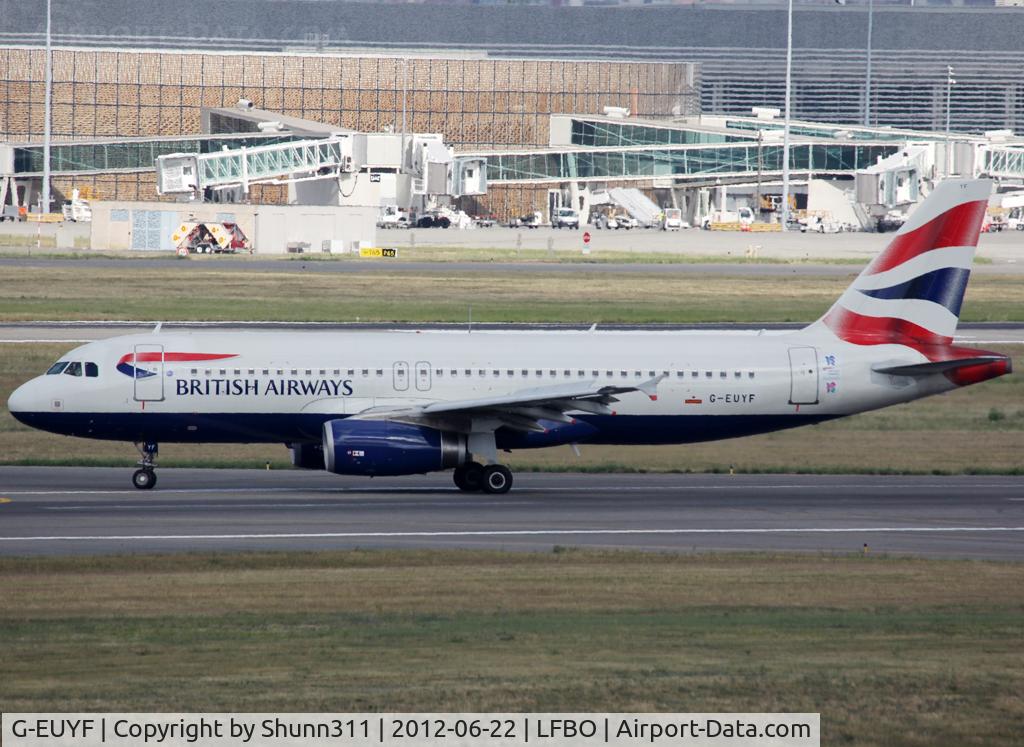 G-EUYF, 2010 Airbus A320-232 C/N 4185, Taxiing to the terminal after landing... Additional small Olympic Game sticker...