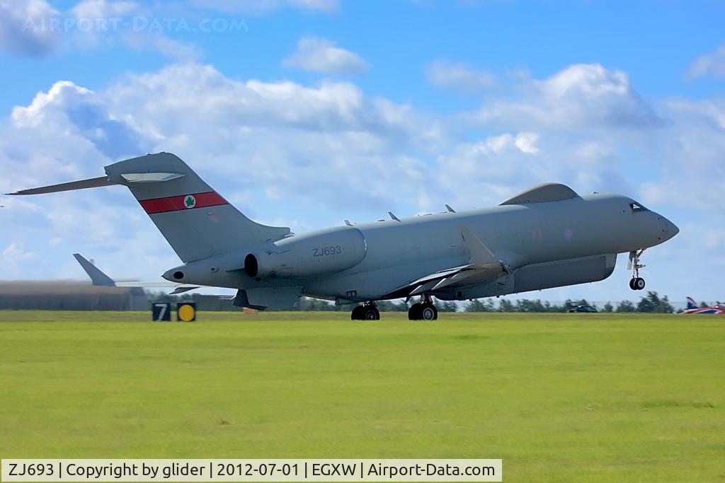 ZJ693, 2007 Bombardier BD-700-1A10 Sentinel R1 C/N 9132, Neat looking aircraft getting airborne to prepare for the opening flypast of Waddington residents