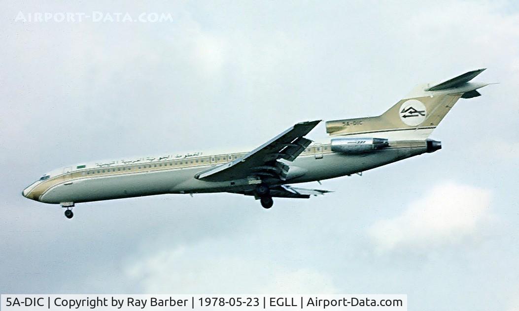 5A-DIC, 1975 Boeing 727-2L5 C/N 21052, Boeing 727-2L5 [21052] (Libyan Arab Airlines) Heathrow~G 23/05/1978.On finals . Taken from a slide.