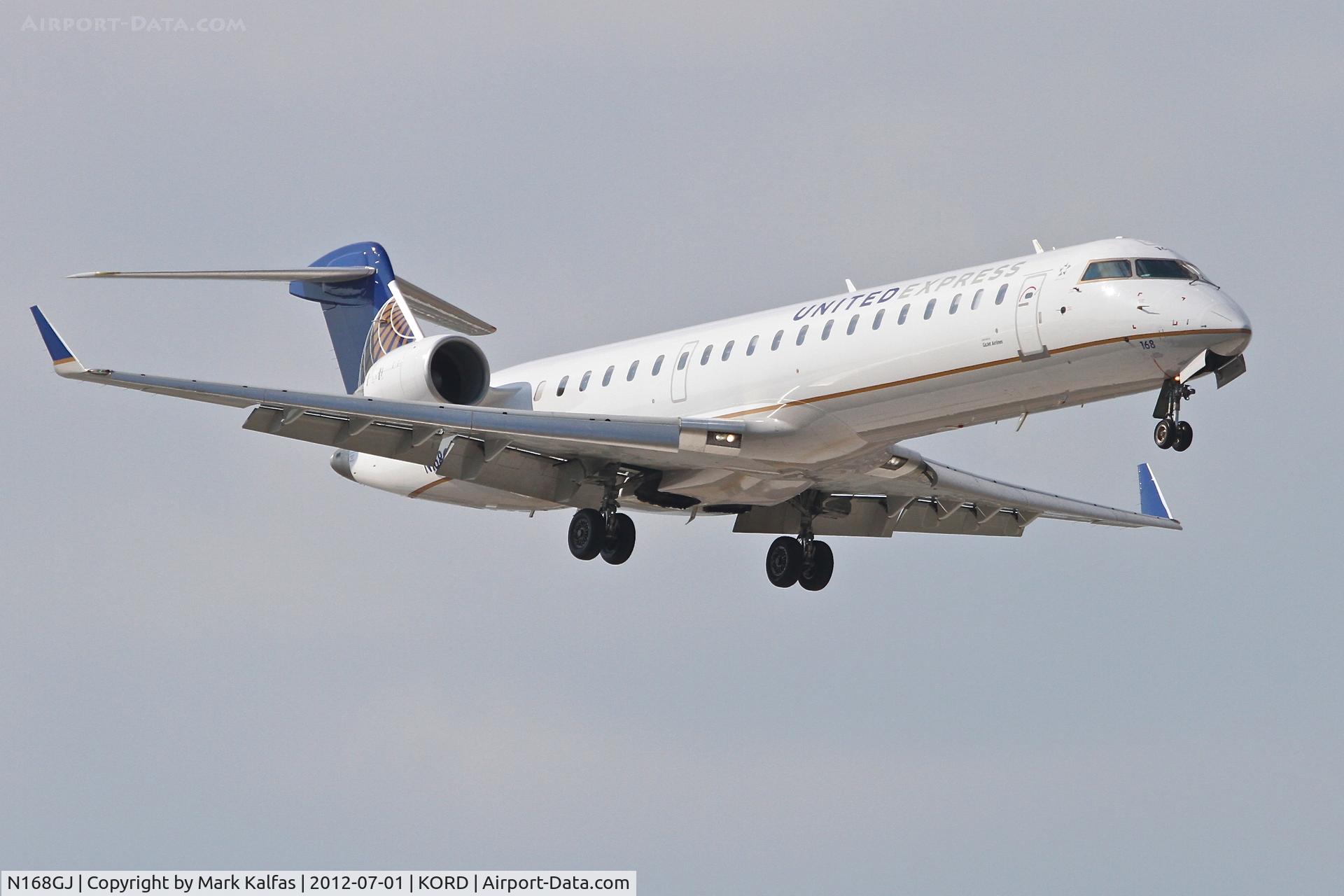 N168GJ, Bombardier CRJ-702 (CL-600-2C10) Regional Jet C/N 10272, GoJet Airlines/United Express Bombardier CL-600-2C10, GJS3660 arriving from Gowen Field/ KBOI, RWY 14R approach KORD.