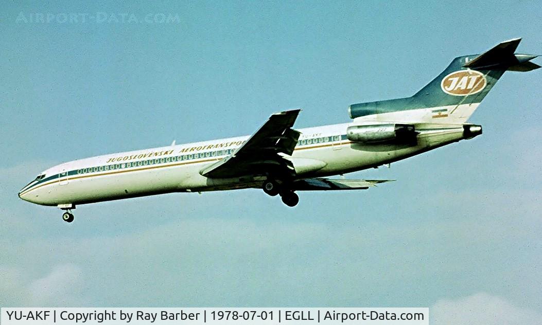 YU-AKF, 1974 Boeing 727-2H9 C/N 21038, Boeing 727-2H9 [21038] (JAT Airways) Heathrow~G 01/07/1978. Seen here. Taken from a slide.