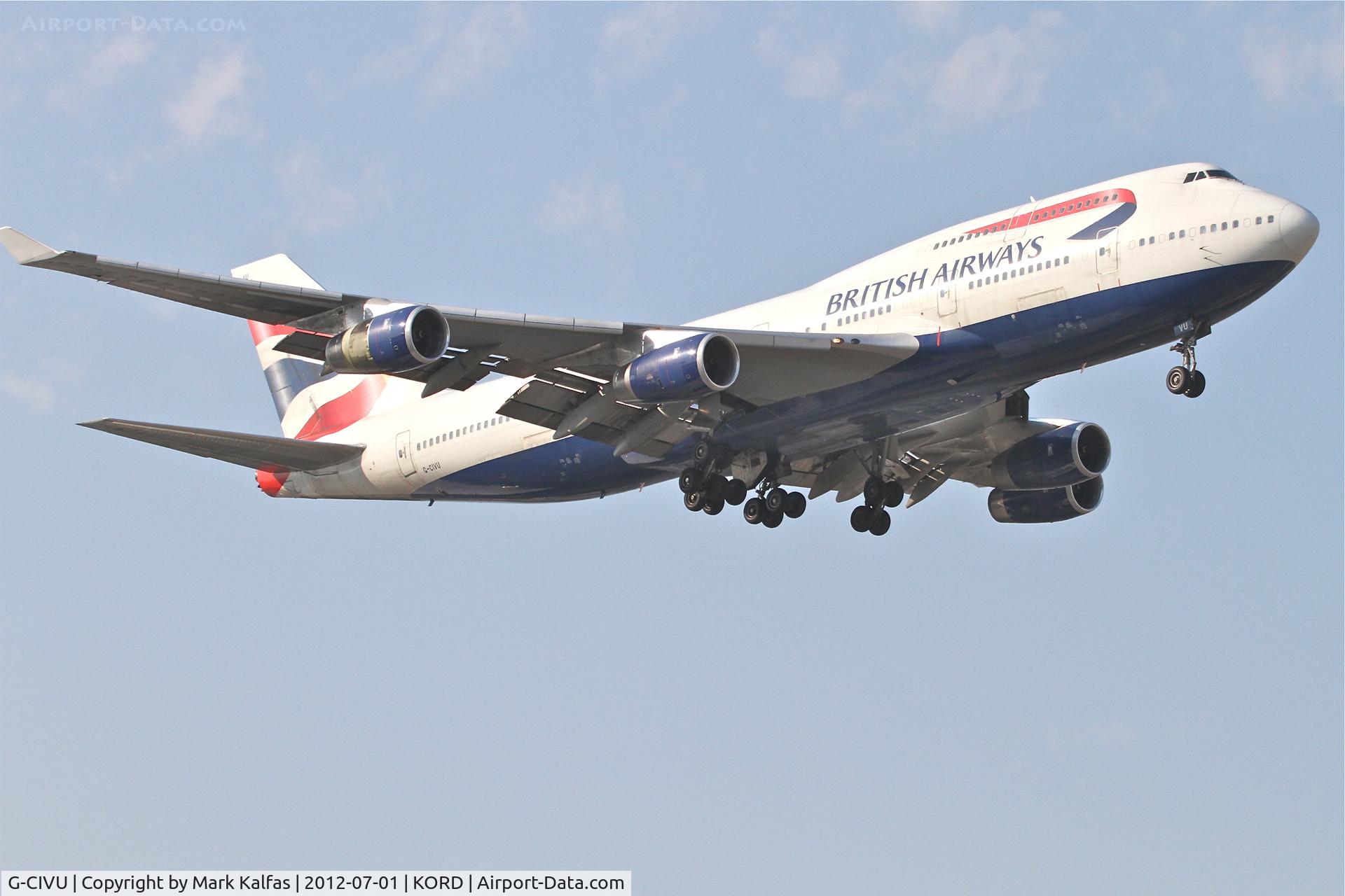 G-CIVU, 1998 Boeing 747-436 C/N 25810, British Airways Boeing 747-436, BAW297 arriving from London Heathrow /EGLL minus an engine cowling on #4, on approach to RWY 14R KORD.
