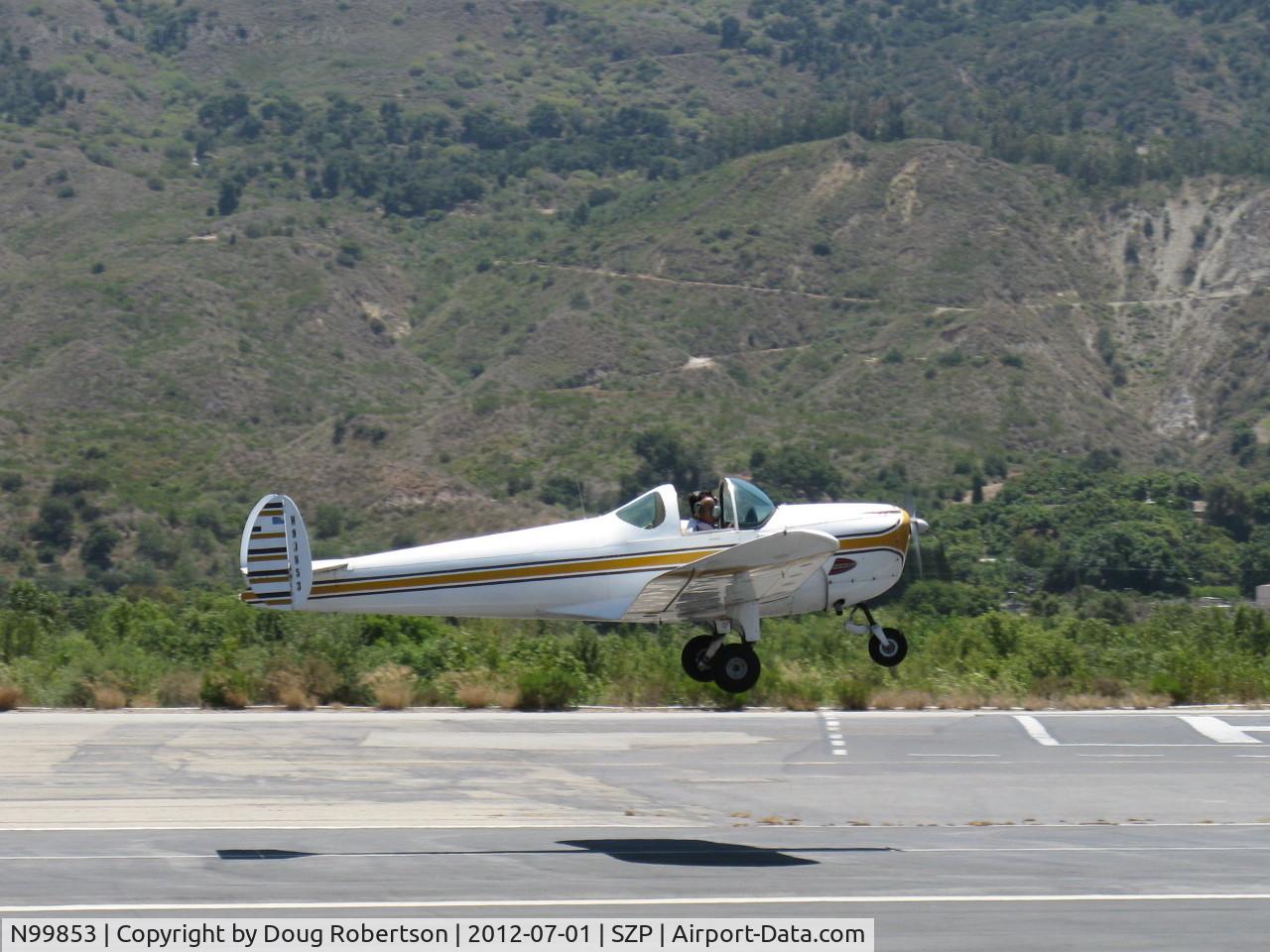 N99853, 1946 Erco 415C Ercoupe C/N 2476, 1946 ERCO Ercoupe 415-C Continental O-200 100 Hp upgrade, takeoff climb Rwy 22