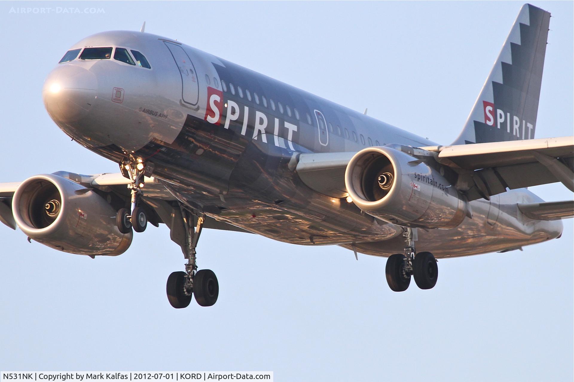 N531NK, 2007 Airbus A319-132 C/N 3026, Spirit Airlines Airbus A319-132, NKS446 arriving from McCarran International / KLAS, RWY 28 approach KORD.