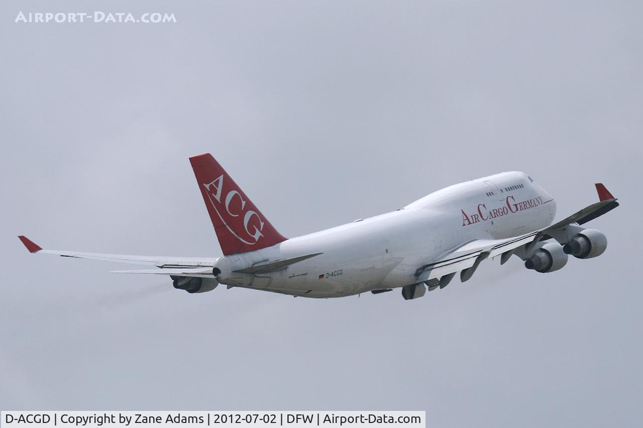 D-ACGD, 1989 Boeing 747-412/BCF C/N 24061, Air Cargo Germany 747 departing DFW Airport