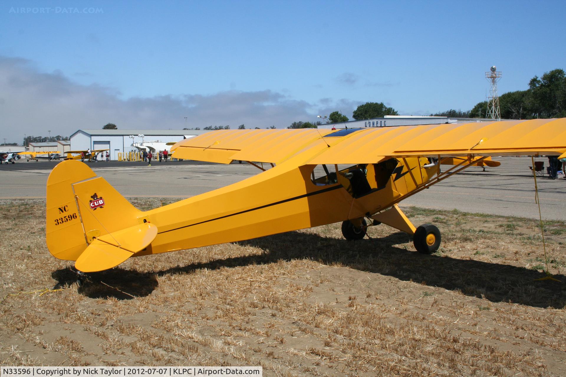 N33596, 1945 Piper J3C-65 Cub C/N 14073, Lompoc Piper Cub fly in 2012