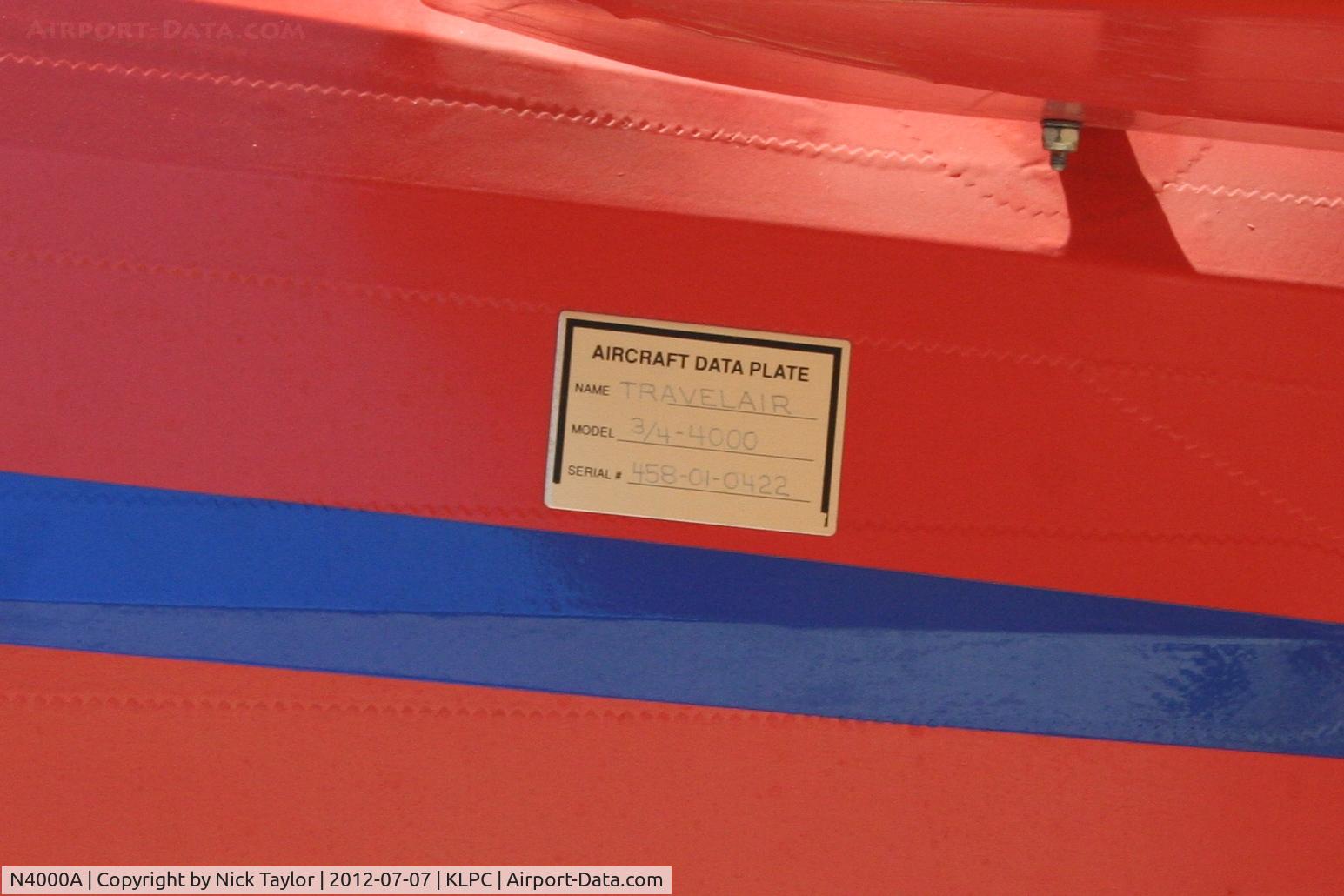N4000A, Wolf Kenneth TRAVEAIR 4000 C/N 458010422, Data plate