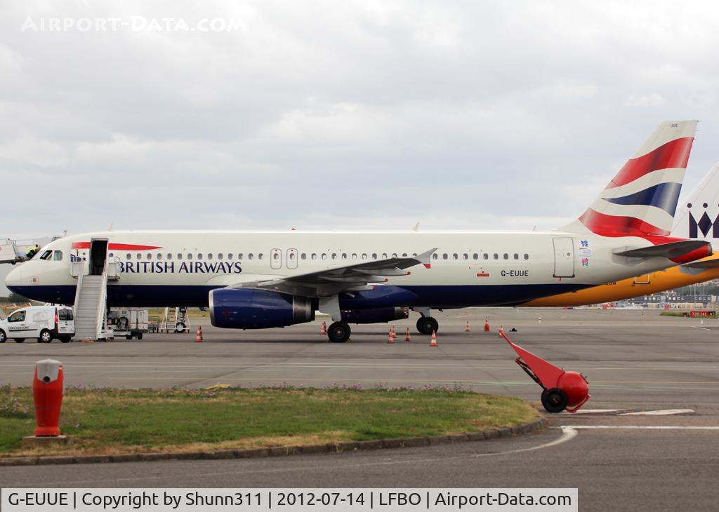 G-EUUE, 2002 Airbus A320-232 C/N 1782, Parked at the General Aviation area... Additional Olympic Game sticker...