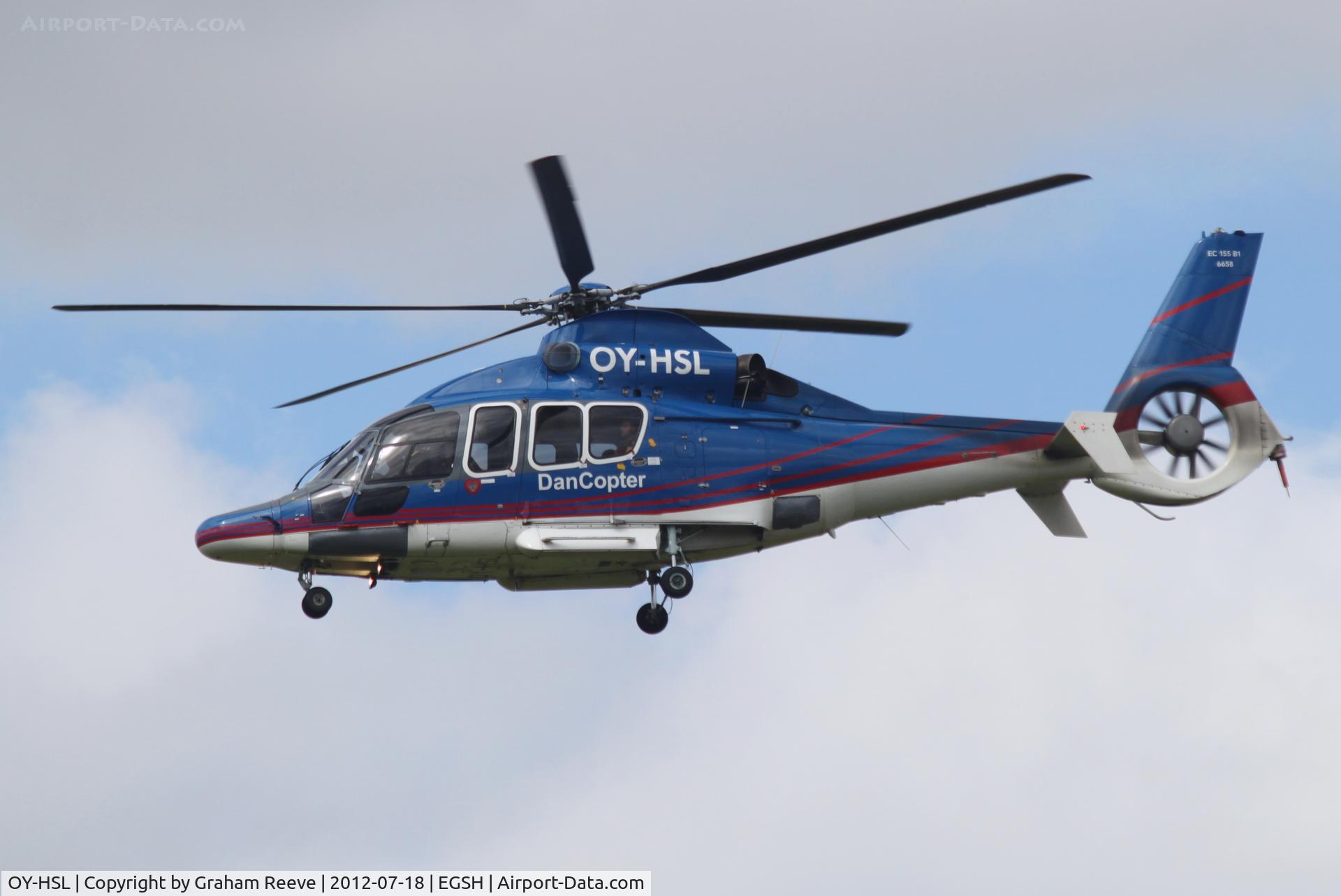 OY-HSL, 2003 Eurocopter EC-155B-1 C/N 6658, Departing from Norwich.