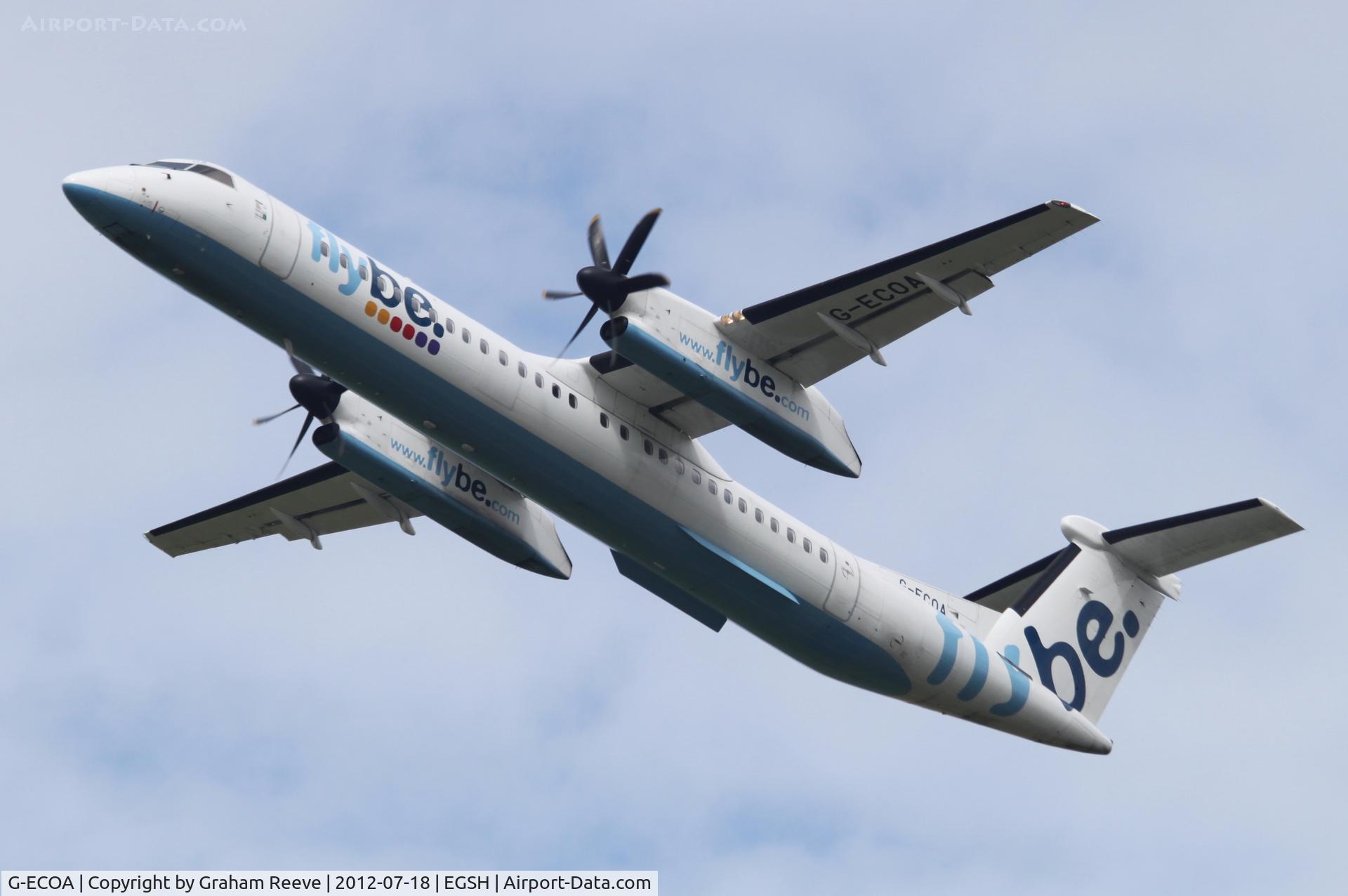 G-ECOA, 2007 De Havilland Canada DHC-8-402Q Dash 8 C/N 4180, Departing from Norwich.