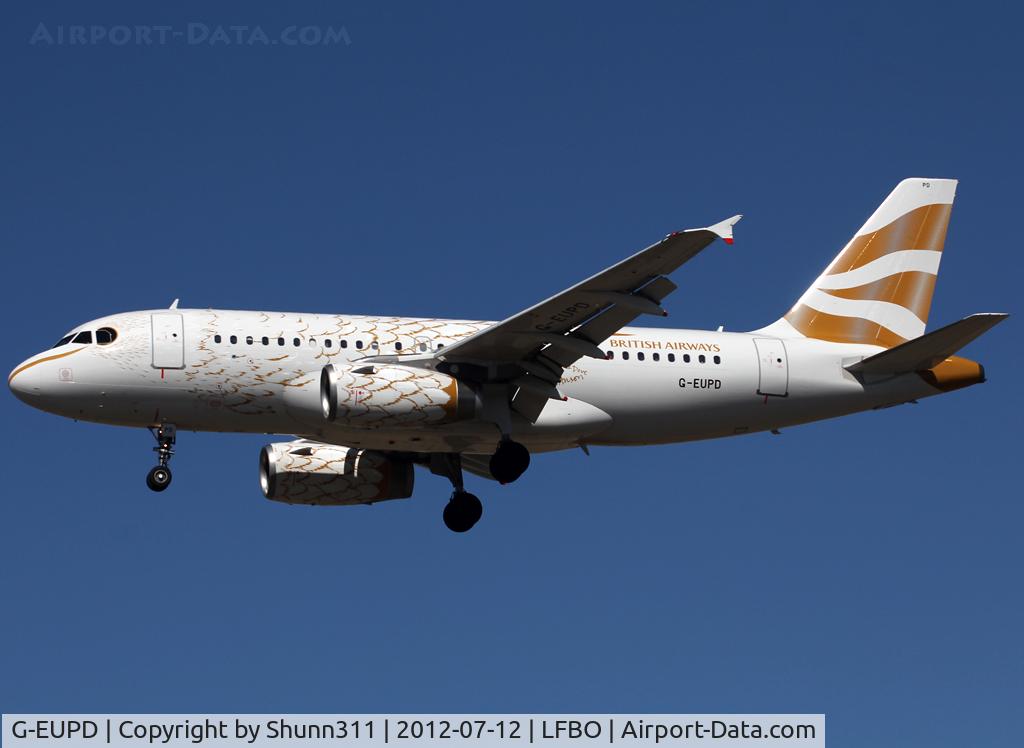 G-EUPD, 1999 Airbus A319-131 C/N 1142, Landing rwy 32L in 'Dove' c/s