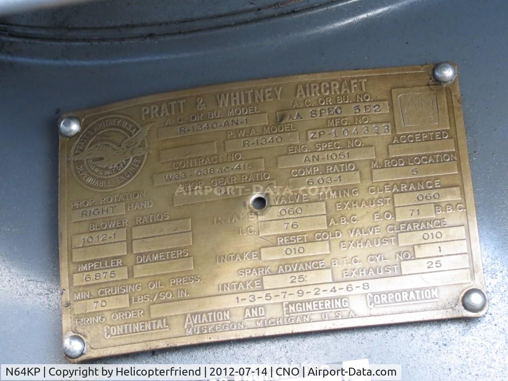 N64KP, 1943 North American AT-6D C/N 84936, Engine manufacturing plate