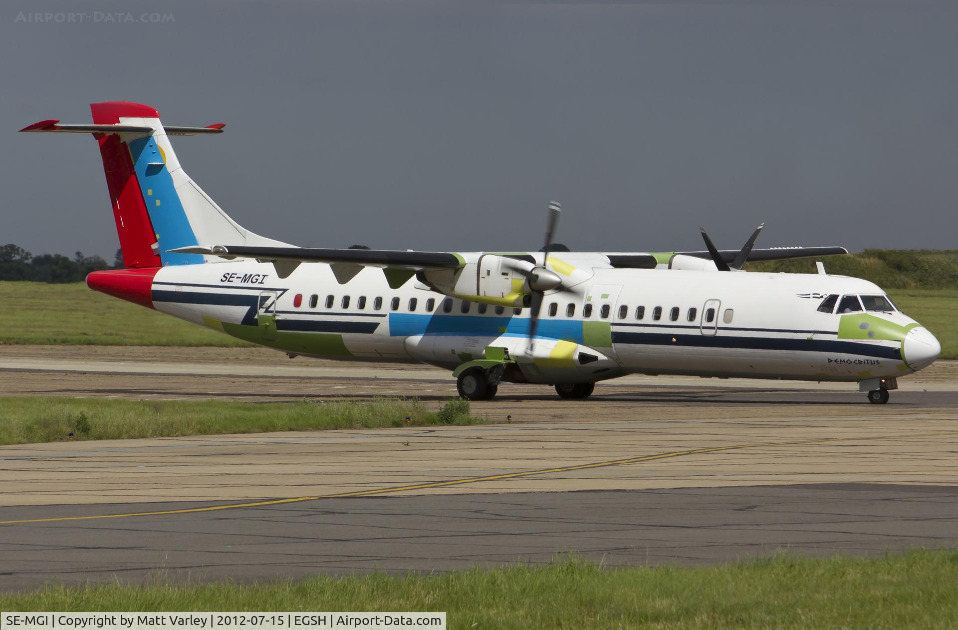 SE-MGI, 1991 ATR 72-202 C/N 241, Arriving at EGSH for spray by Air Livery.