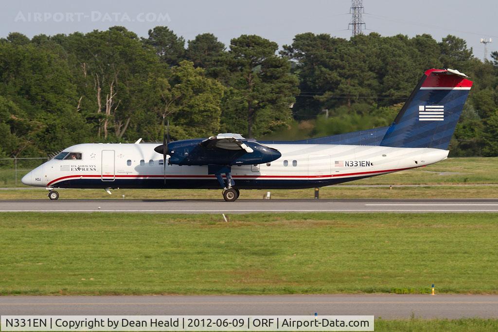 N331EN, 1991 De Havilland Canada DHC-8-311 Dash 8 C/N 279, US Airways Express (Piedmont Airlines) N331EN (FLT PDT4129) rolling out on RWY 5 after arrival from Philadelphia Int'l (KPHL).