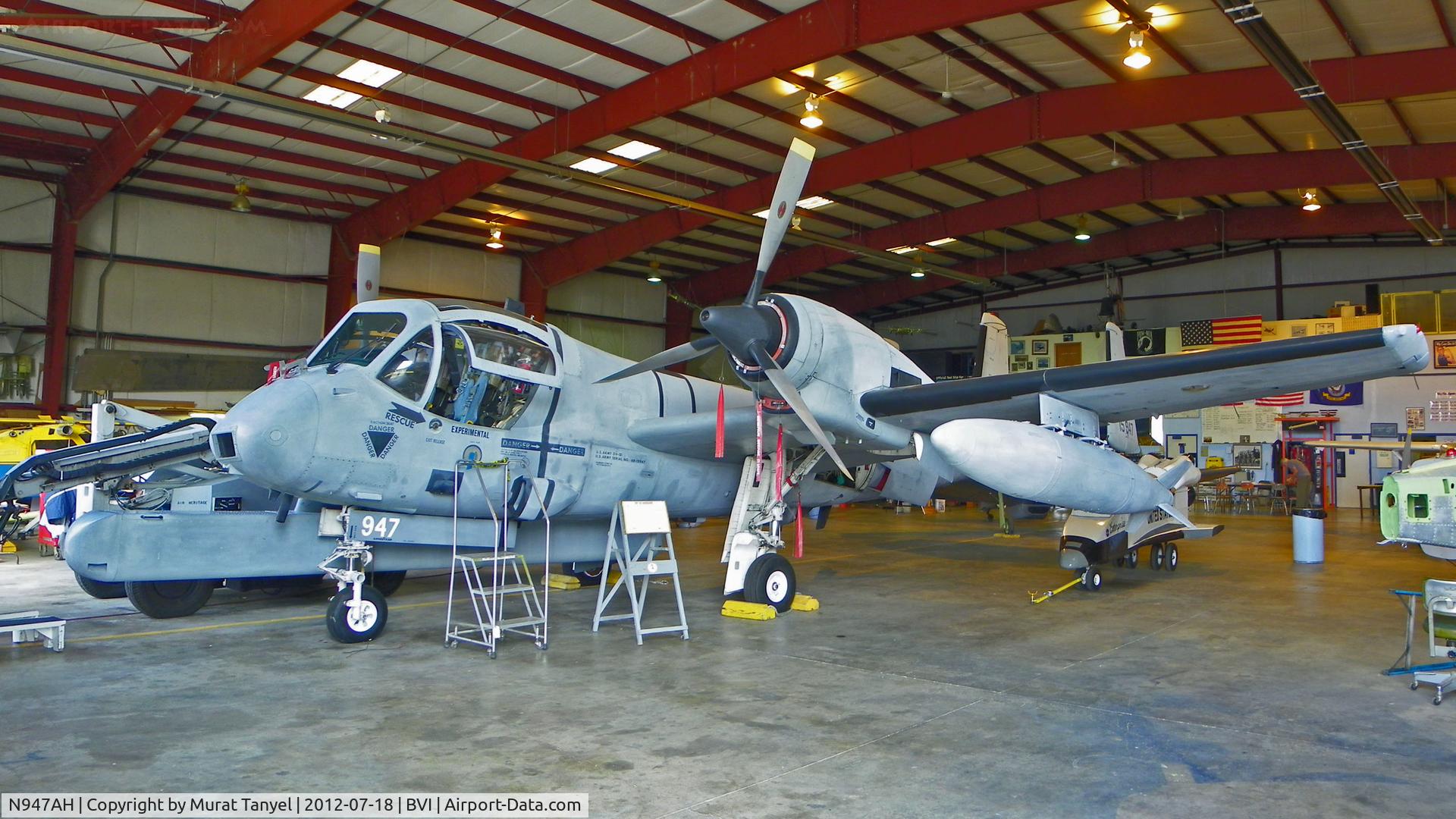 N947AH, 1968 Grumman OV-1D Mohawk C/N 151C, Being worked on at the Air Heritage Museum off of BVI