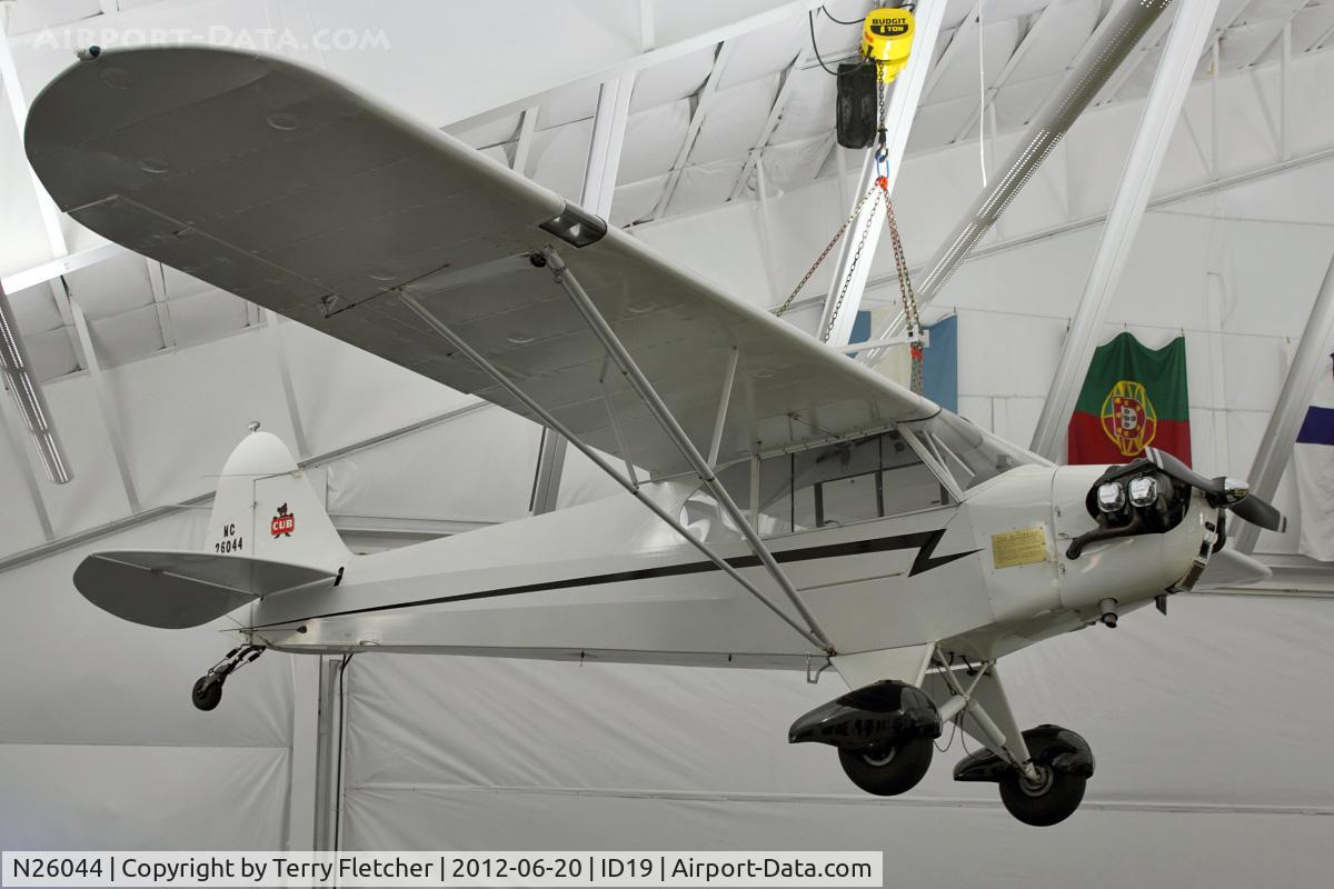 N26044, 1939 Piper J3C-65 Cub C/N 3995, On display at Bird Aviation Museum and Invention Center, near Sagle , Idaho