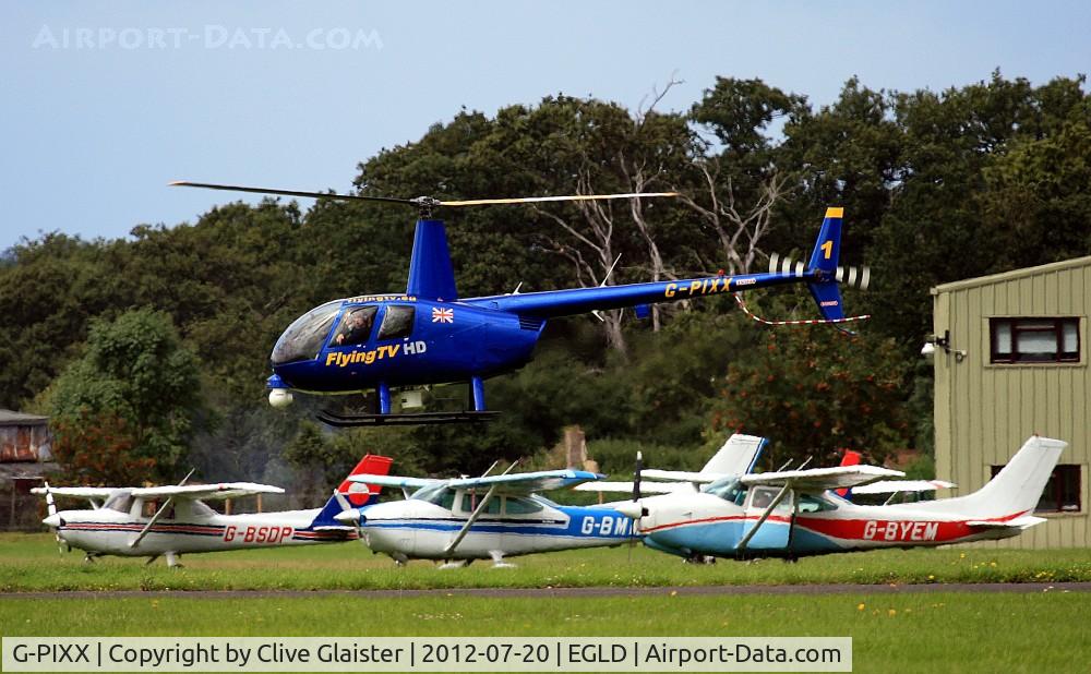 G-PIXX, 2004 Robinson R44 Raven II C/N 10263, Originally owned to, Heli Air Ltd in April 2004 and currently with, Flying TV Ltd since May 2004. - Departing Denham for France.