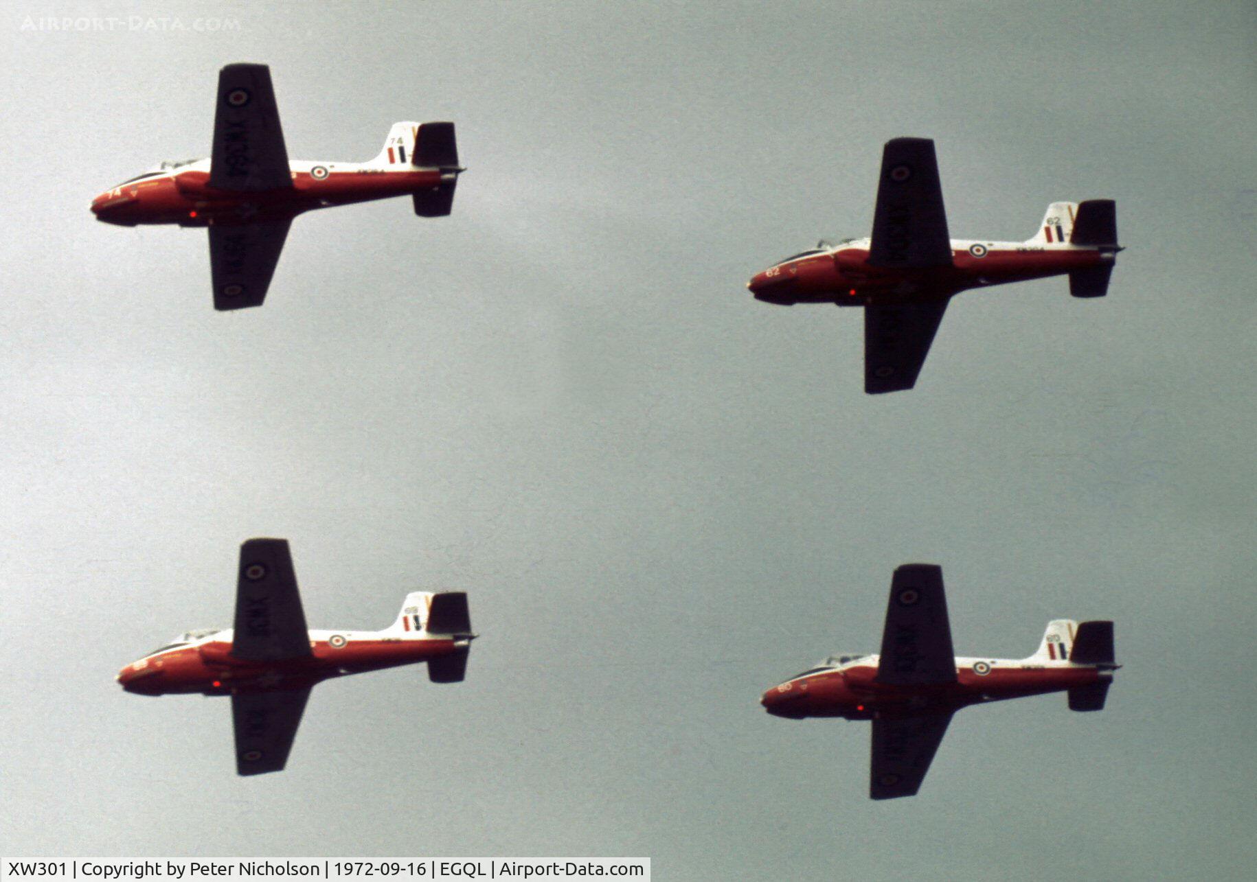 XW301, 1969 BAC 84 Jet Provost T.5A C/N EEP/JP/965, Jet Provost T.5A of the Blades aerobatic team of 1 Flying Training School with other team members on display at the 1972 RAF Leuchars Airshow.