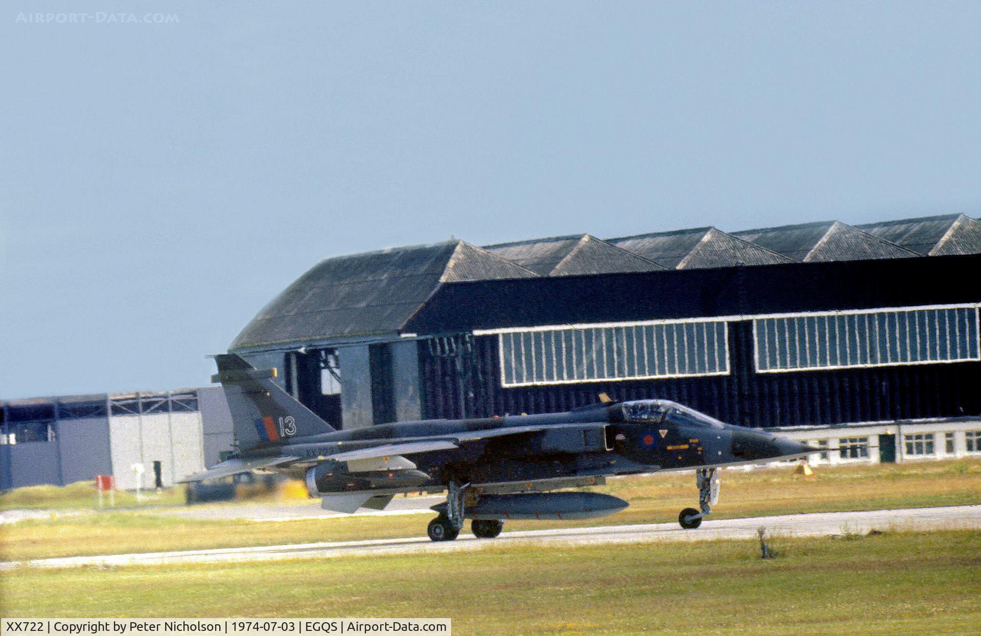 XX722, 1974 Sepecat Jaguar GR.1 C/N S.19, Jaguar GR.1 of 226 Operational Conversion Unit preparing for take-off at RAF Lossiemouth in the Summer of 1974.