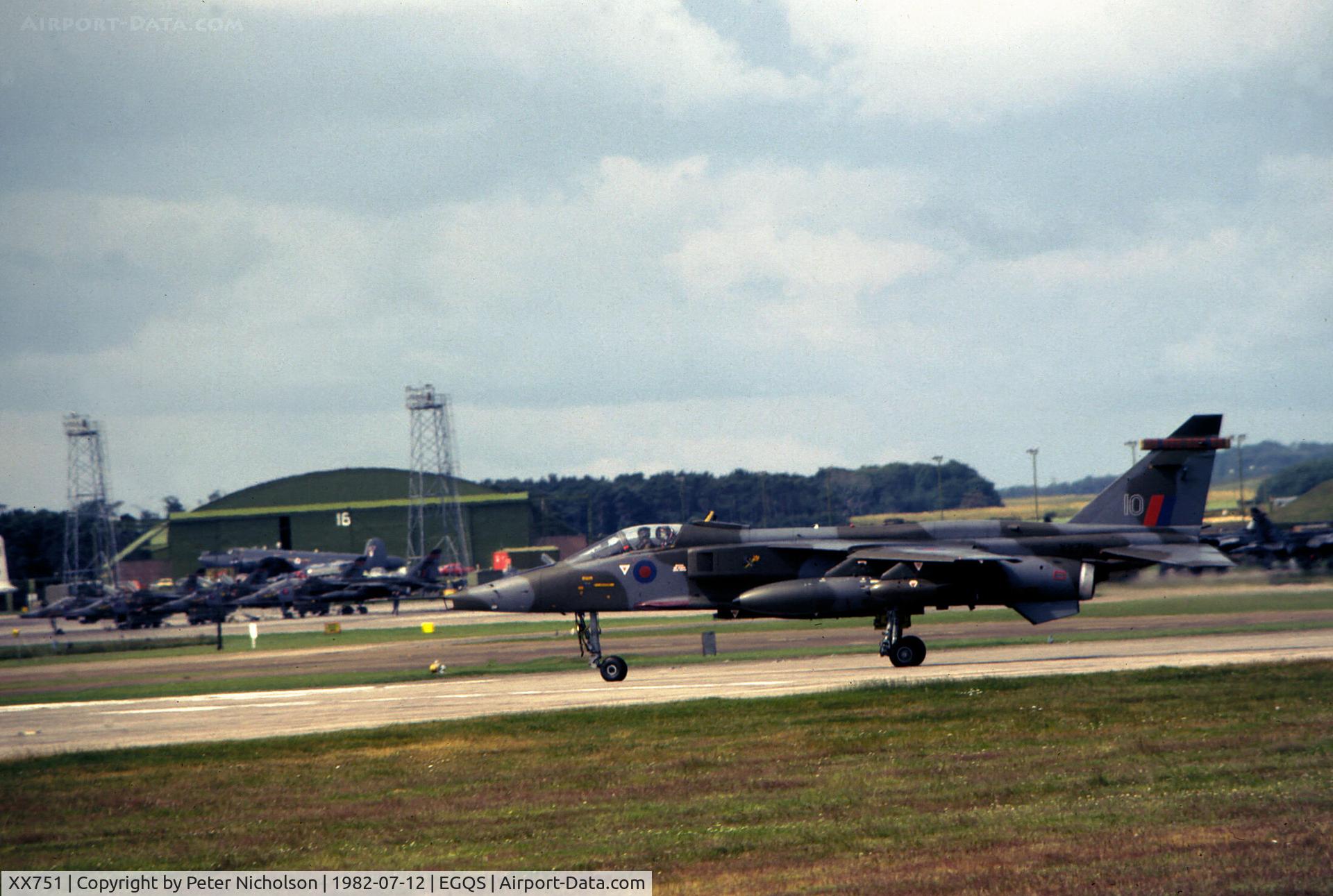 XX751, 1974 Sepecat Jaguar GR.1 C/N S.48, Jaguar GR.1 of 226 Operational Conversion Unit joining the active runway at RAF Lossiemouth in the Summer of 1982.