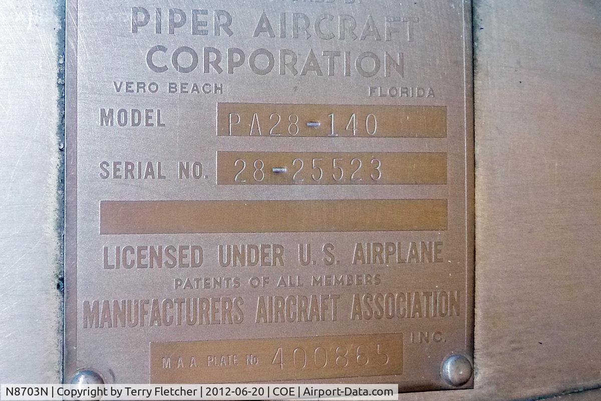 N8703N, 1969 Piper PA-28-140 C/N 28-25523, Dataplate on all metal Piper  - 1969 Piper PA-28-140, c/n: 28-25523