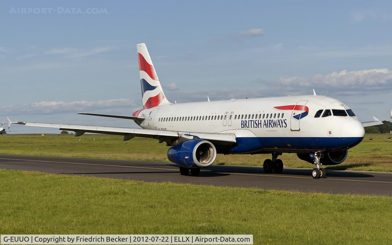G-EUUO, 2003 Airbus A320-232 C/N 1958, taxying to the actice