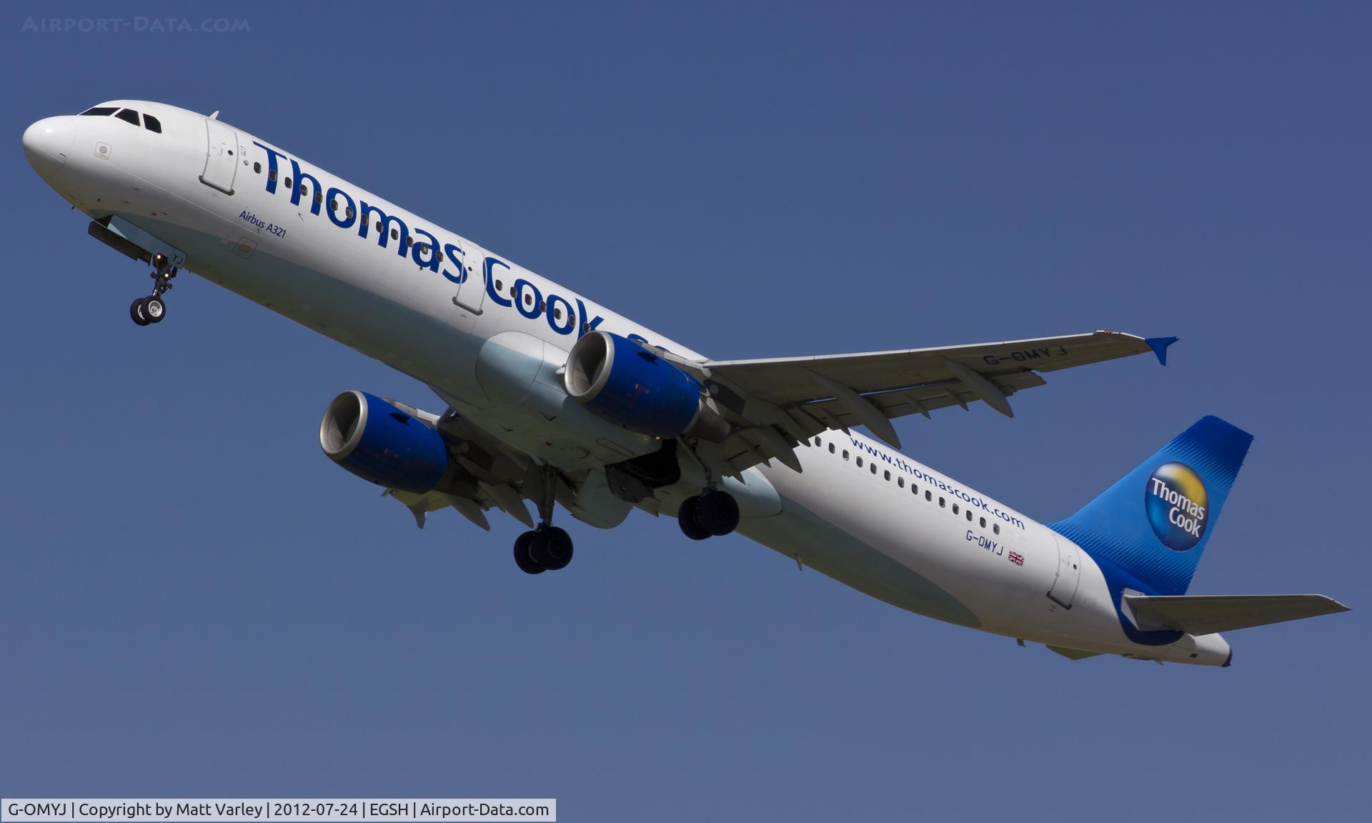 G-OMYJ, 1997 Airbus A321-211 C/N 677, Climbing out of EGSH.