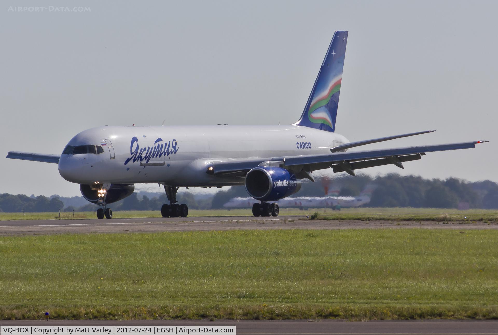 VQ-BOX, 1990 Boeing 757-23APF C/N 24868, Arriving at EGSH in the early morning sun for spray by Air Livery.