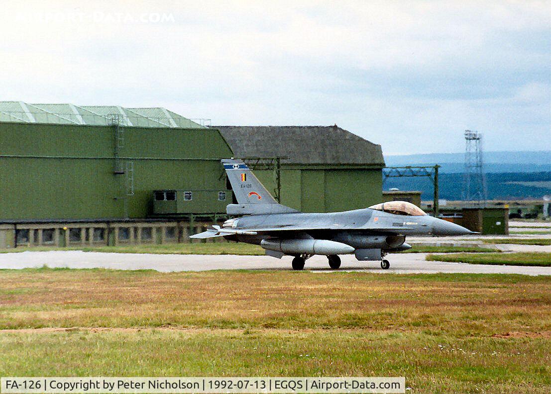 FA-126, SABCA F-16AM Fighting Falcon C/N 6H-126, Belgian Air Force F-16A Falcon joining the active runway at RAF Lossiemouth in the Summer of 1992.