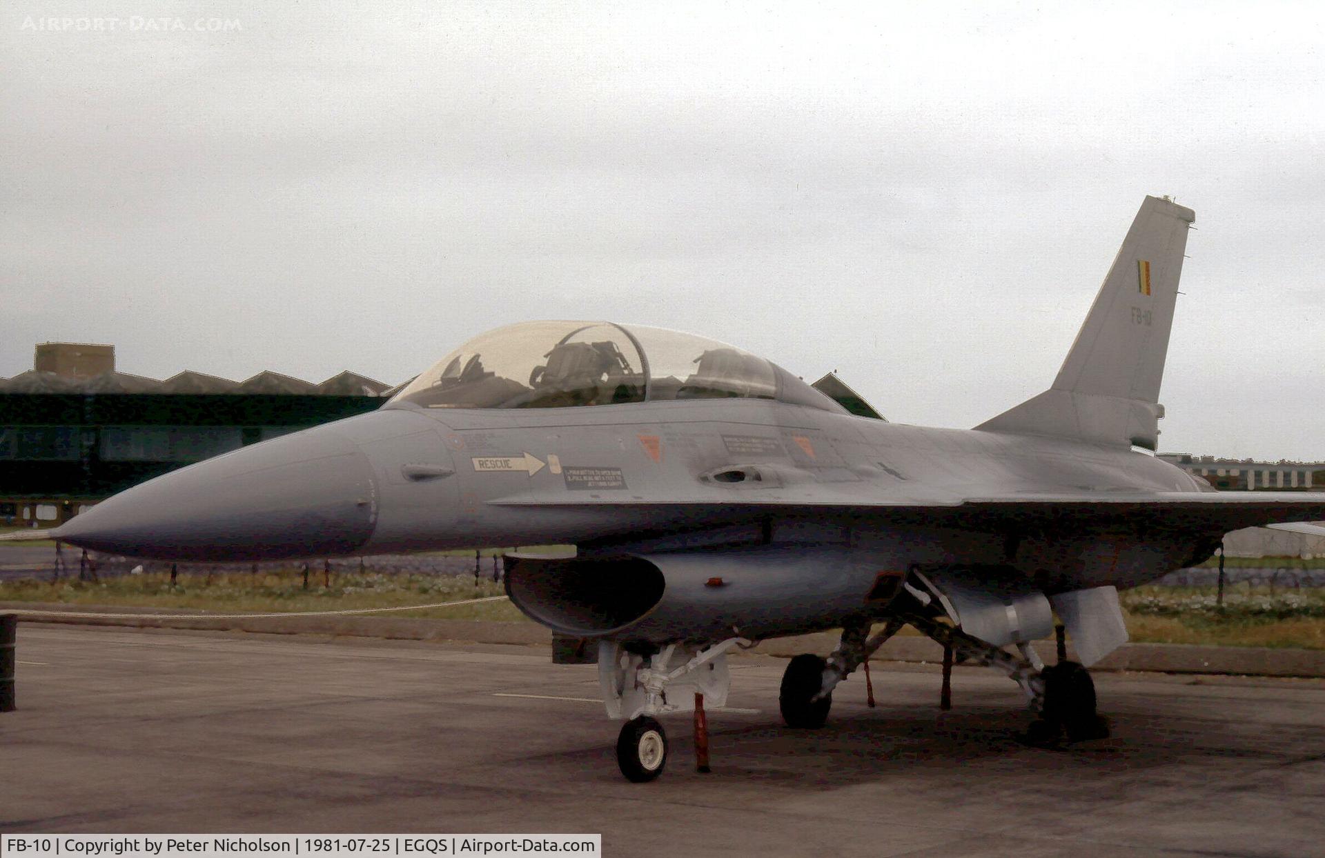 FB-10, General Dynamics F-16BM Fighting Falcon C/N 6J-10, F-16B Falcon of 349 Squadron Belgian Air Force on display at the 1981 RAF Lossiemouth Airshow.