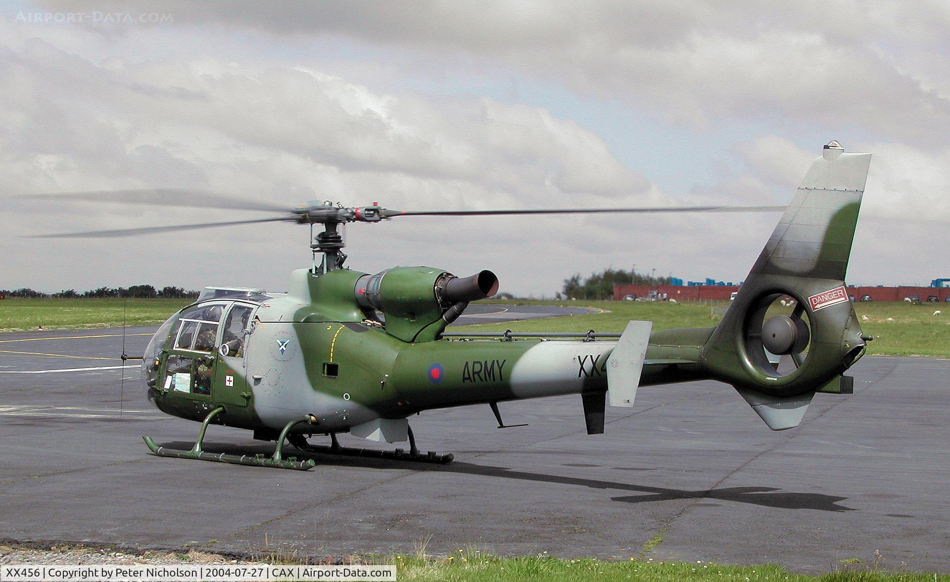 XX456, 1976 Westland SA-341B Gazelle AH1 C/N 1465, Gazelle AH.1, callsign Army Air 760, of 3(V) Flight Army Air Corps preparing to depart from Carlisle in the Summer of 2004.