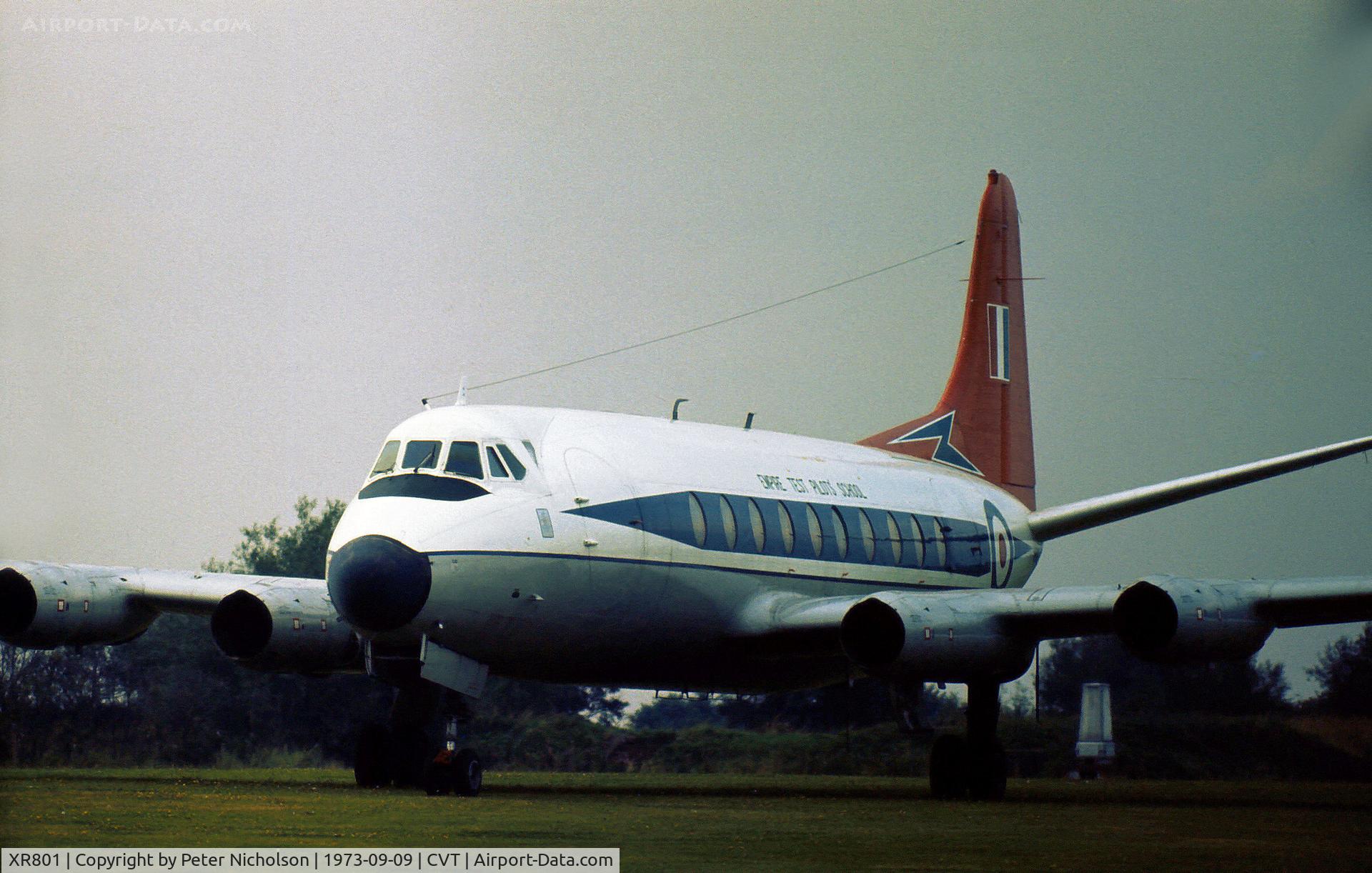 XR801, 1955 Vickers Viscount 744 C/N 89, Engineless Viscount of the Empire Test Pilots School at Boscombe Down stored at Coventry Airport in September 1973.