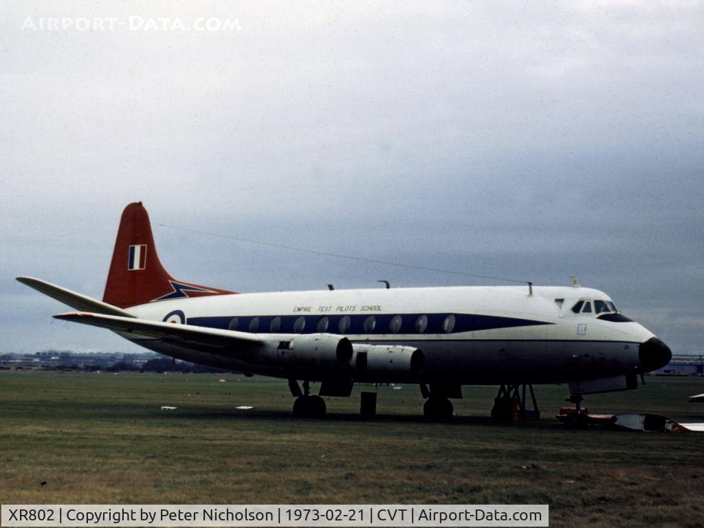 XR802, 1956 Vickers Viscount 745 C/N 198, Engineless Viscount 745 of the Empire Test Pilots School at Boscombe Down stored at Coventry Airport in February 1973 awaiting disposal.