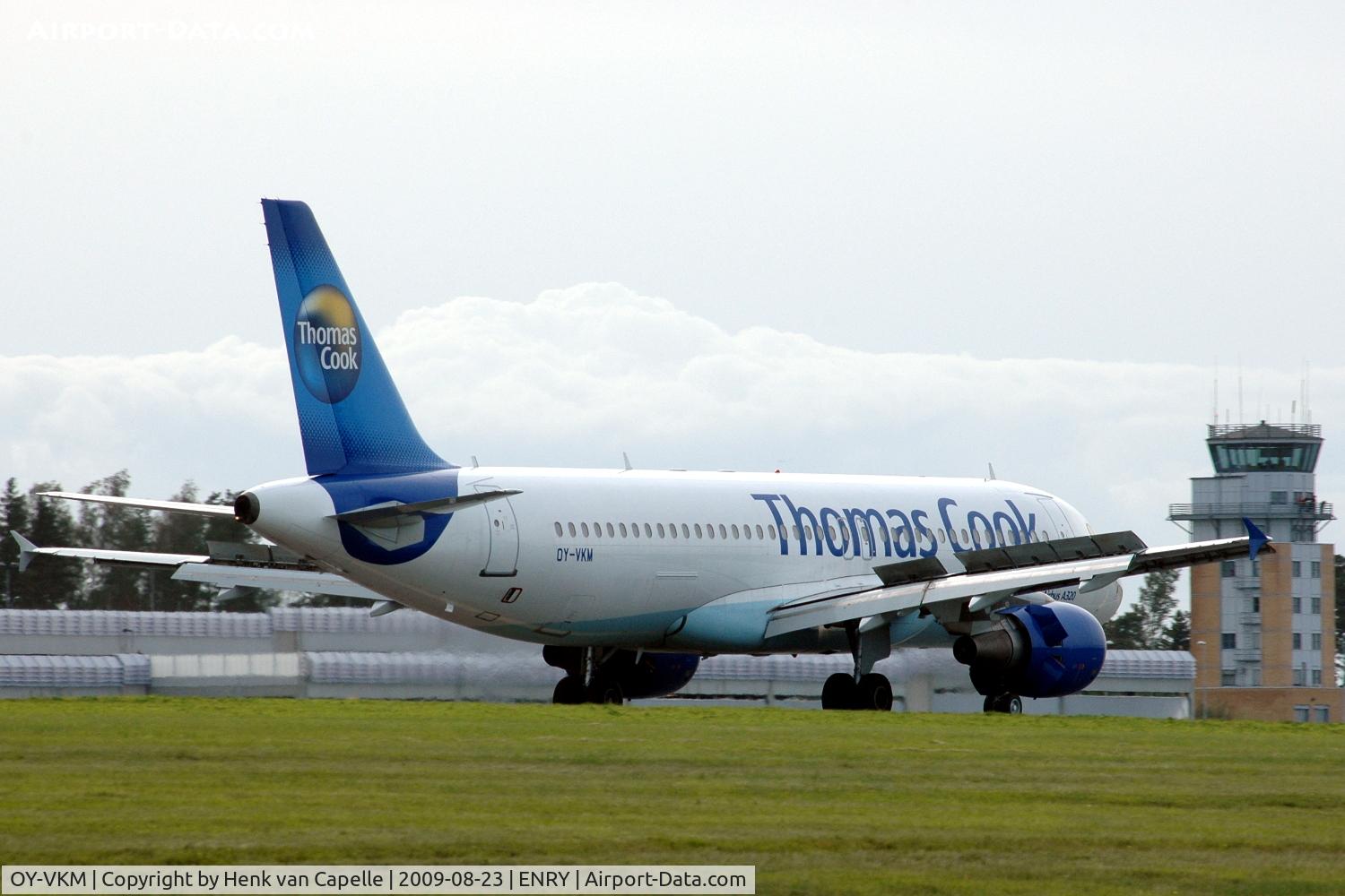 OY-VKM, 2002 Airbus A320-214 C/N 1889, Thomas Cook Airlines A320 taxying towards the tower of Rygge airport, Norway.