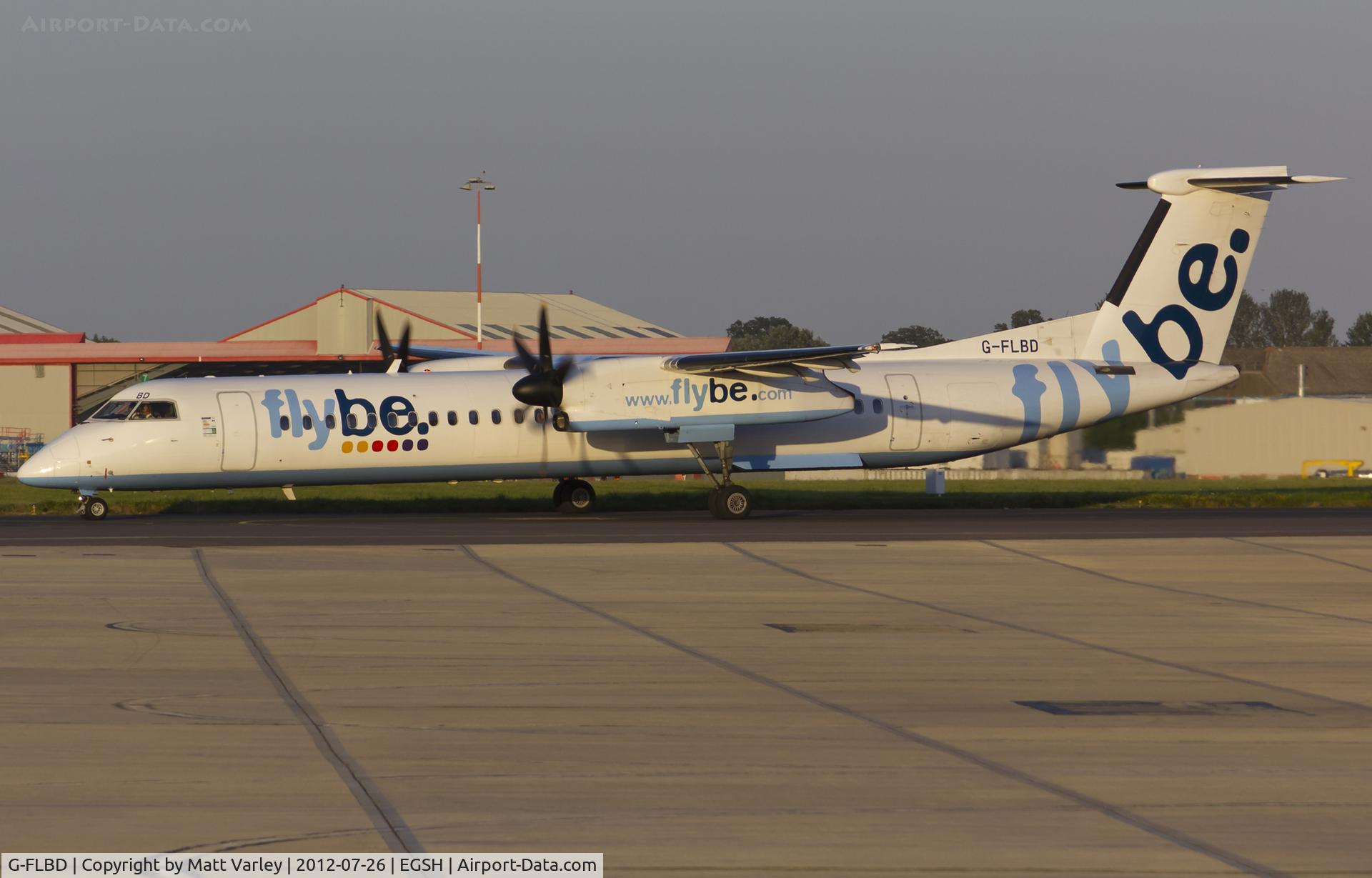 G-FLBD, 2009 De Havilland Canada DHC-8-402Q Dash 8 C/N 4259, About to depart EGSH in the late evening sun.