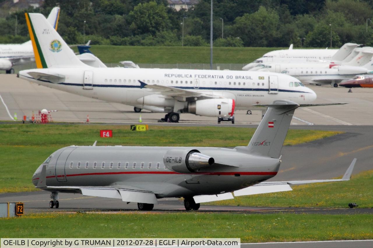 OE-ILB, 2010 Bombardier Challenger 850 (CL-600-2B19) C/N 8107, Arriving at Farnborough as VJS807. Brazilian presidents plane is parked behind, visiting for the Olympic opening ceremony.